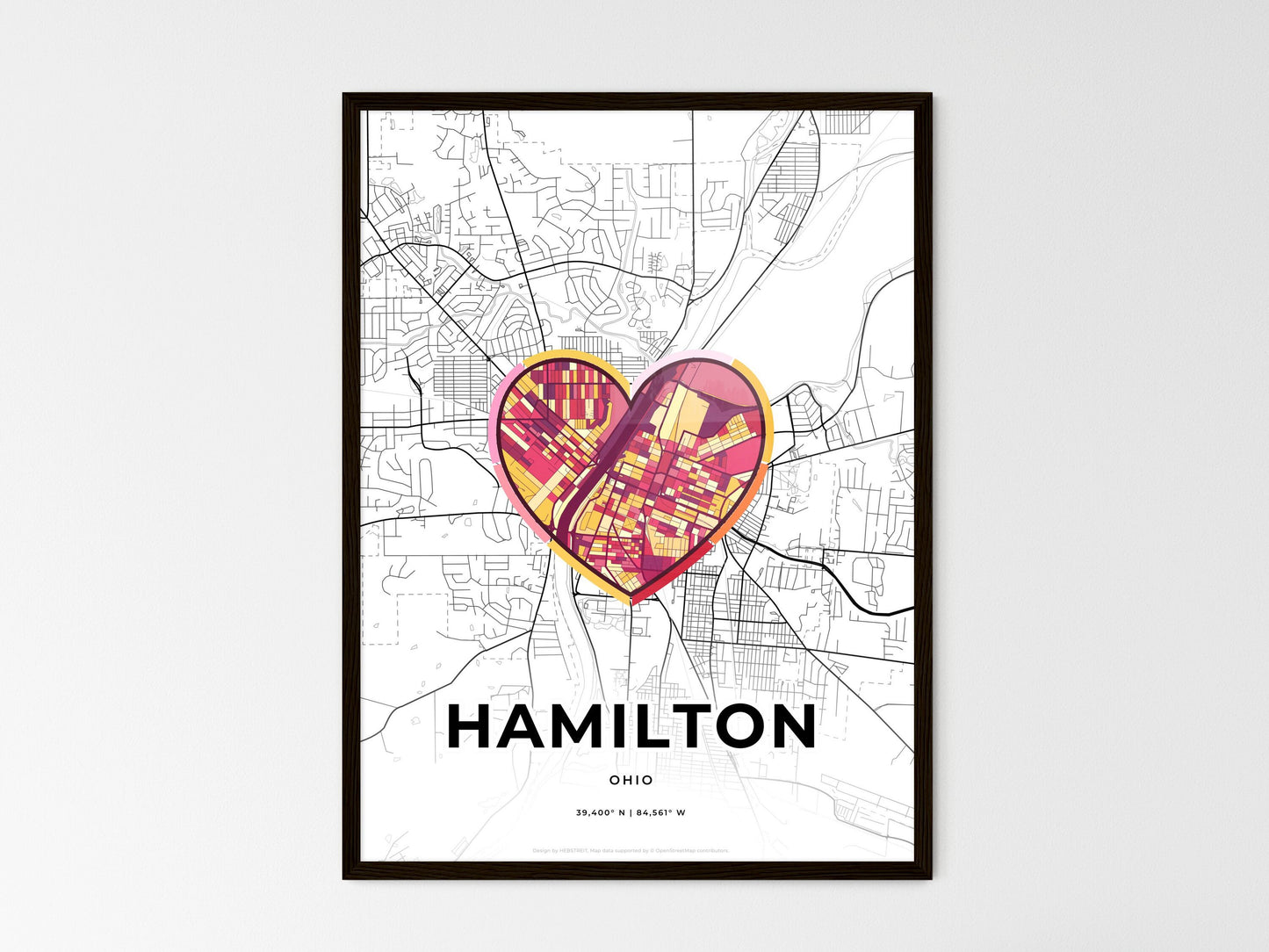 Hamilton Ohio wedding art map with heart icon