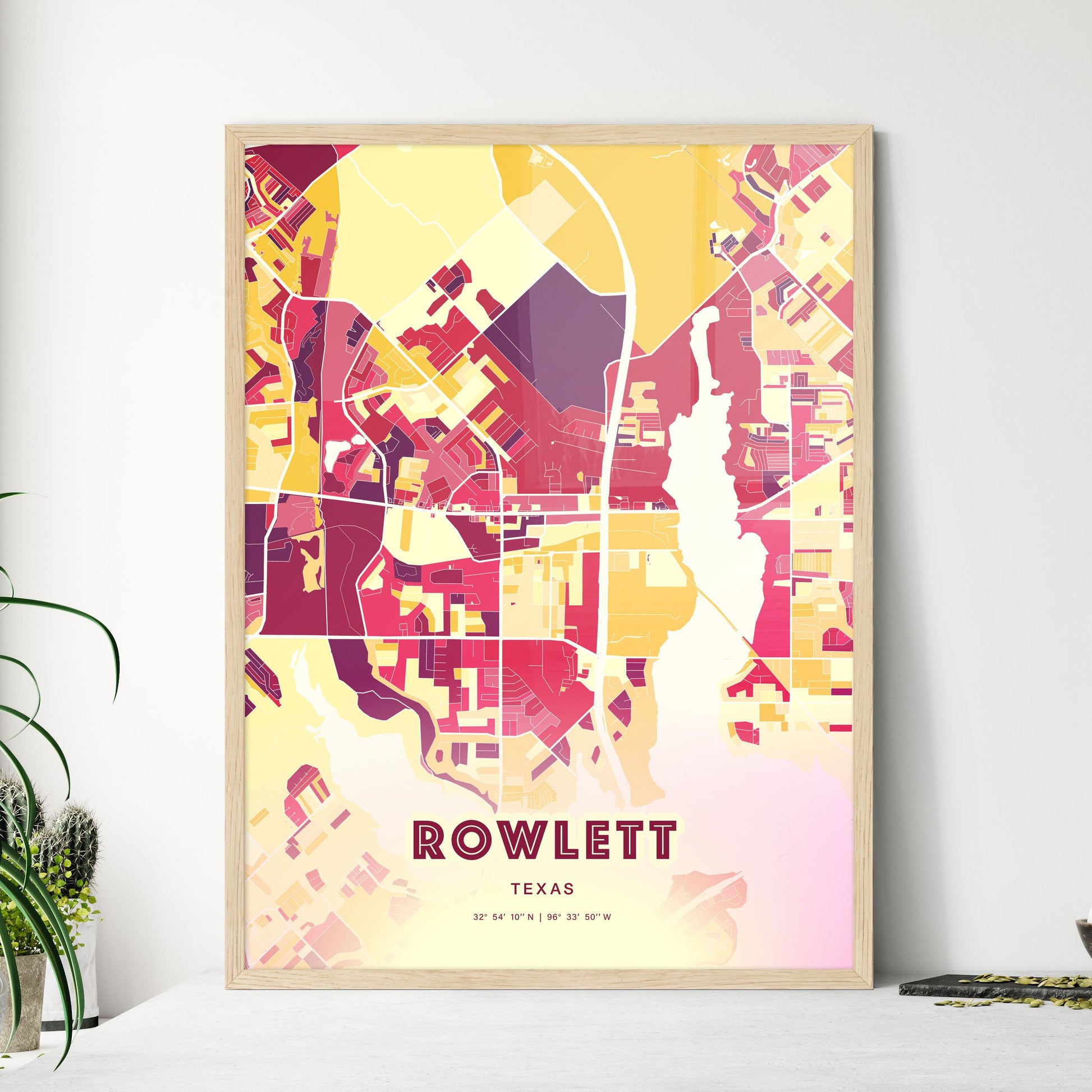 Colorful ROWLETT TEXAS Fine Art Map Hot Red