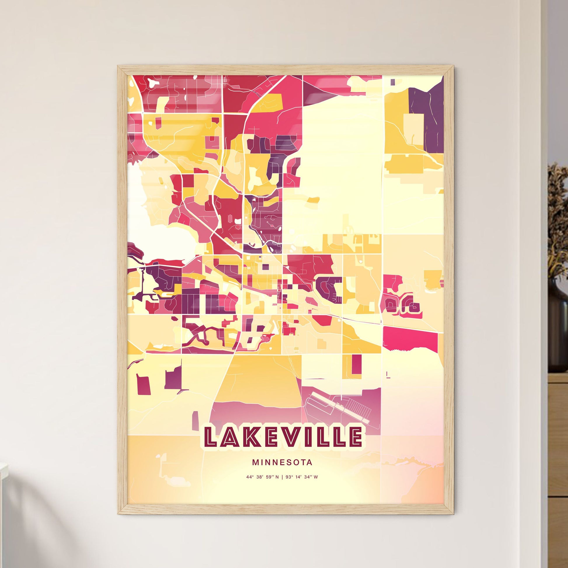 Colorful LAKEVILLE MINNESOTA Fine Art Map Hot Red