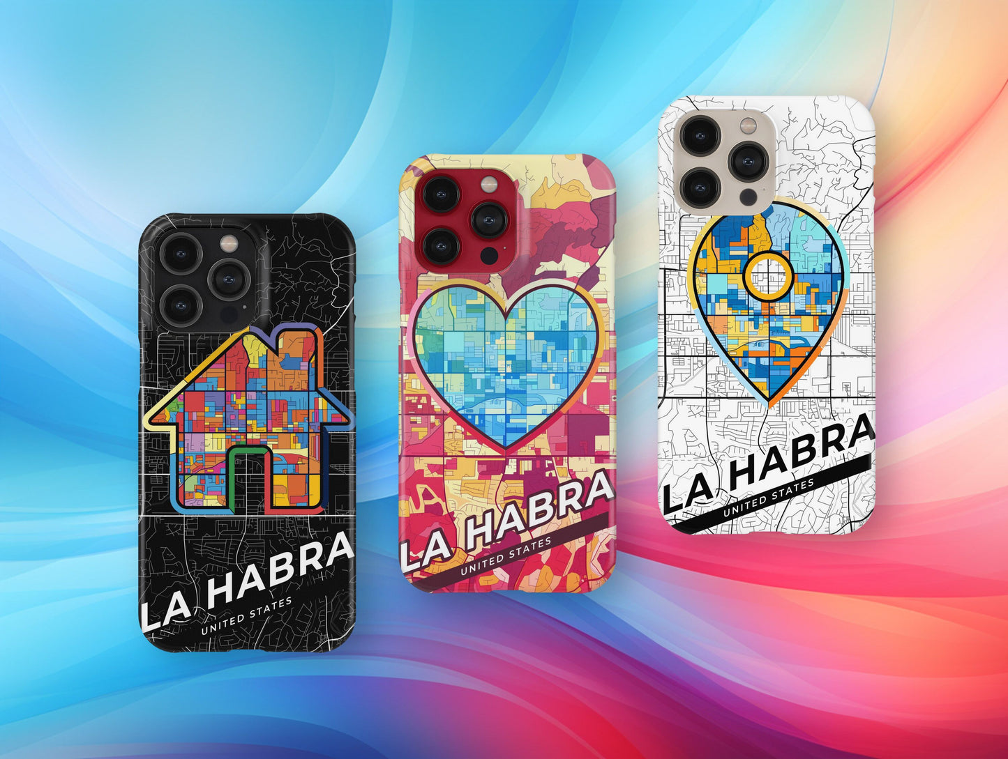 La Habra California slim phone case with colorful icon. Birthday, wedding or housewarming gift. Couple match cases.