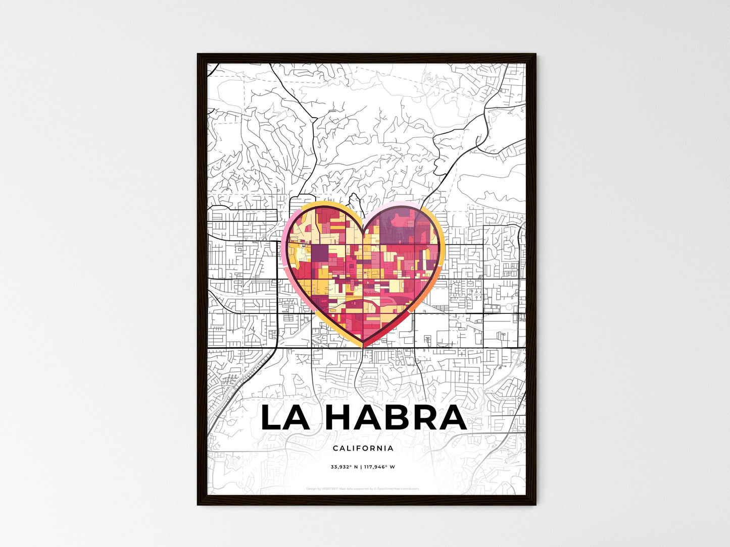 La Habra California wedding art map with heart icon