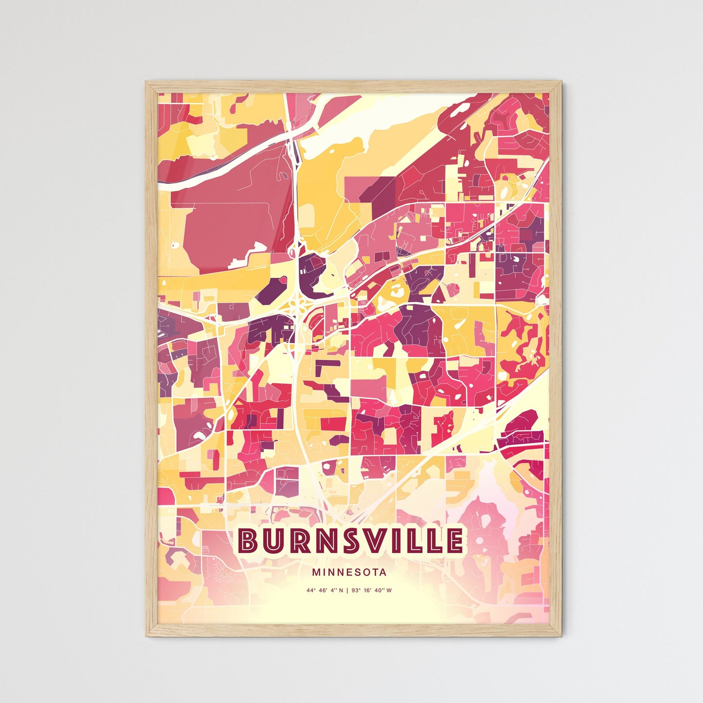 Colorful BURNSVILLE MINNESOTA Fine Art Map Hot Red