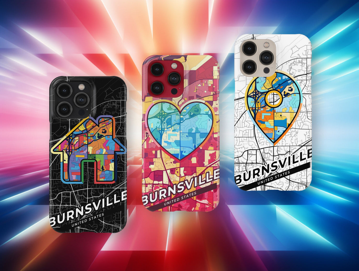 Burnsville Minnesota slim phone case with colorful icon. Birthday, wedding or housewarming gift. Couple match cases.