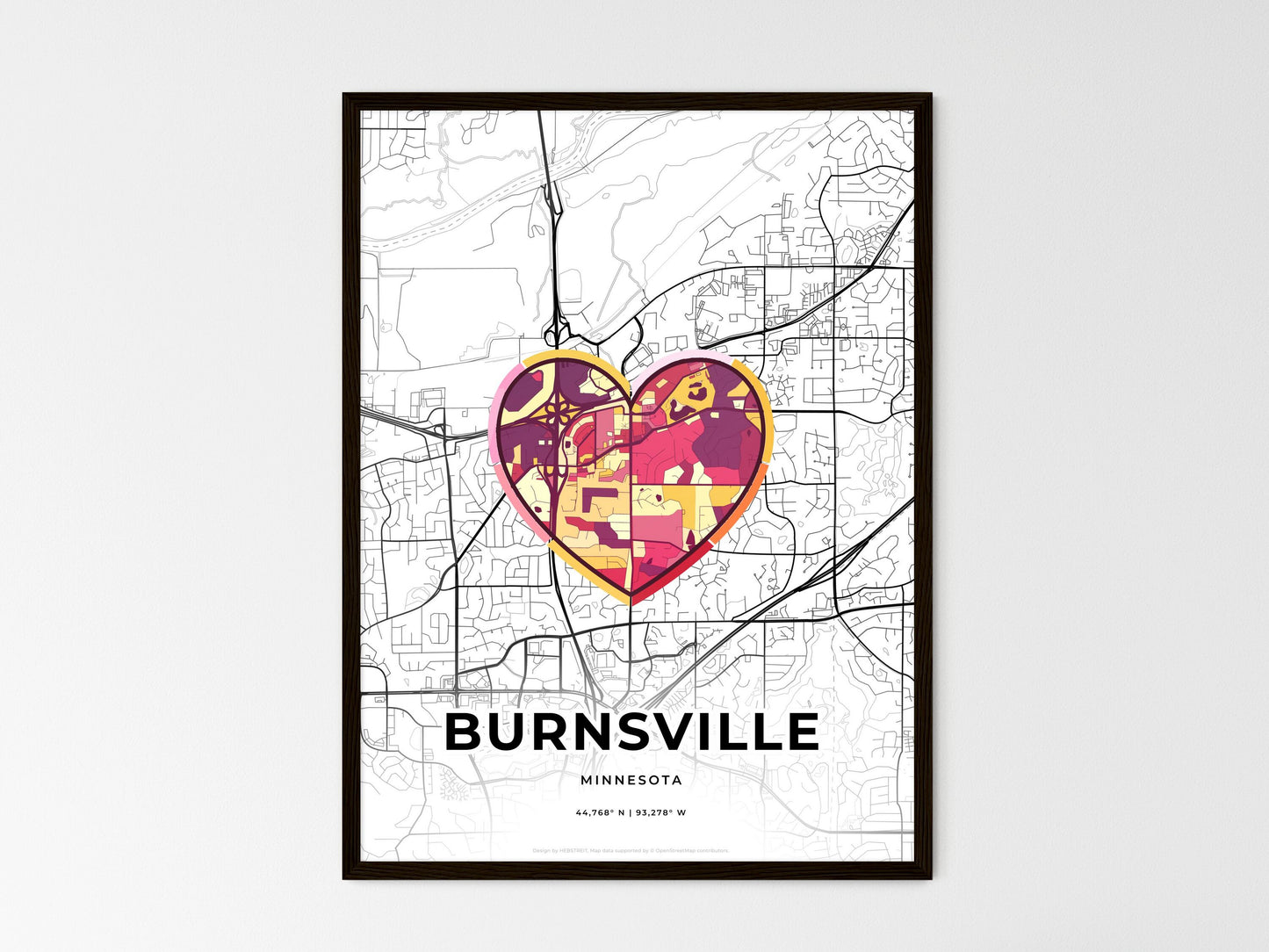 Burnsville Minnesota wedding art map with heart icon