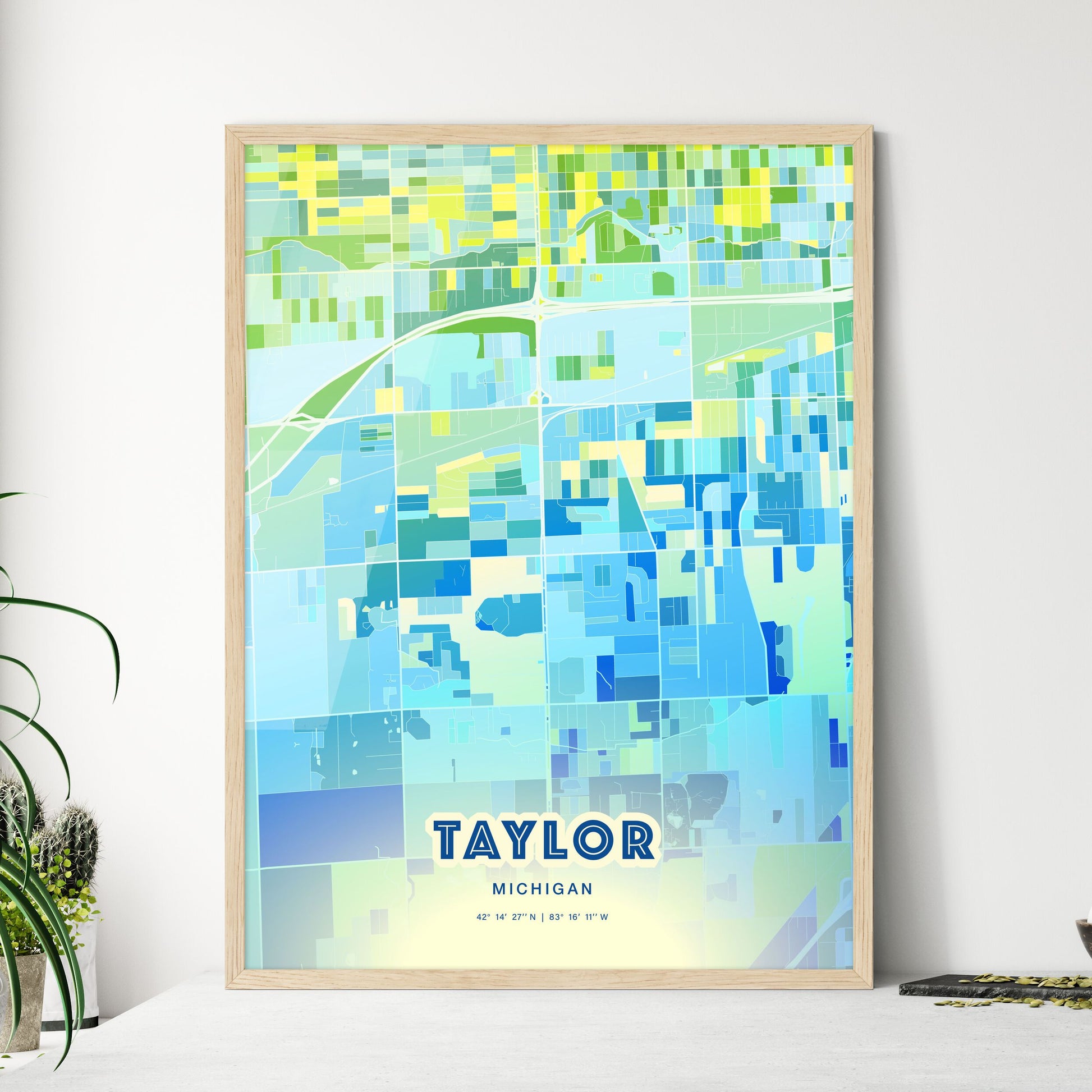 Colorful TAYLOR MICHIGAN Fine Art Map Cool Blue