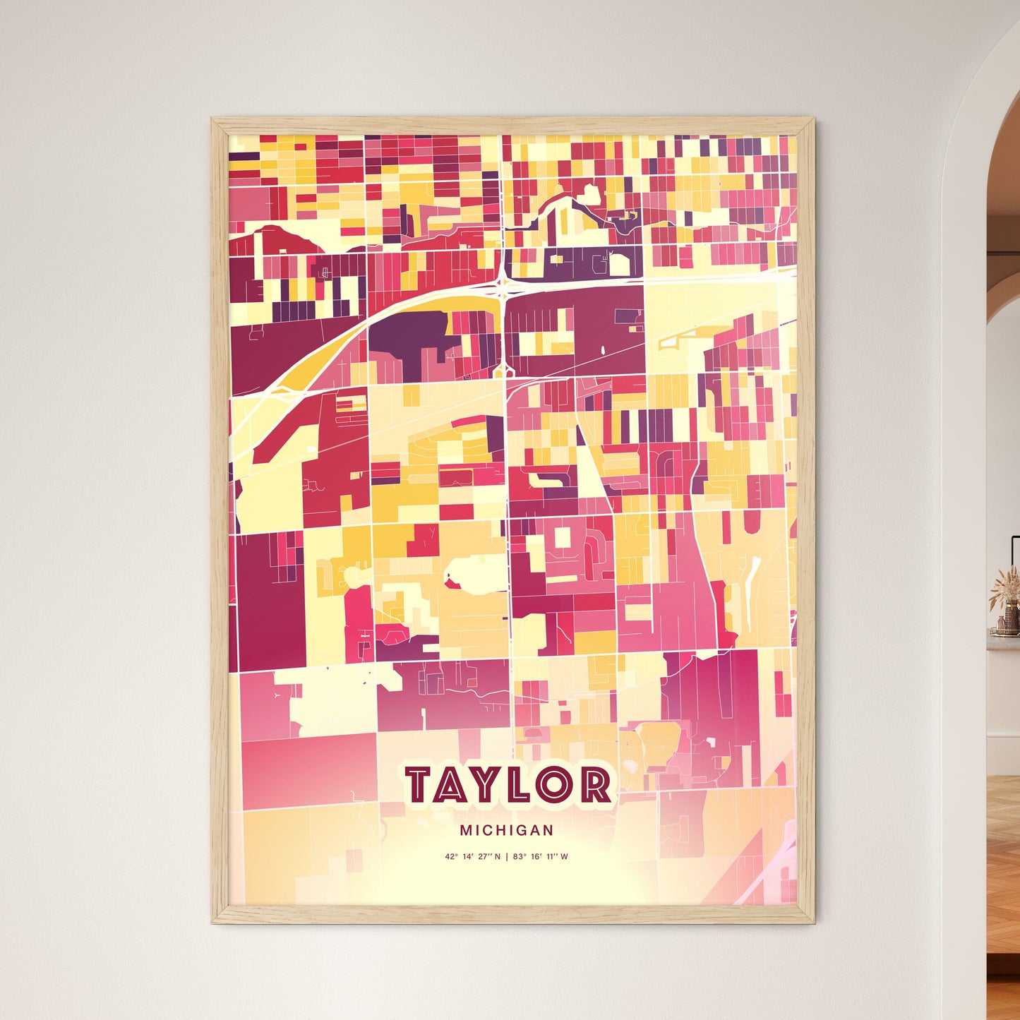 Colorful TAYLOR MICHIGAN Fine Art Map Hot Red