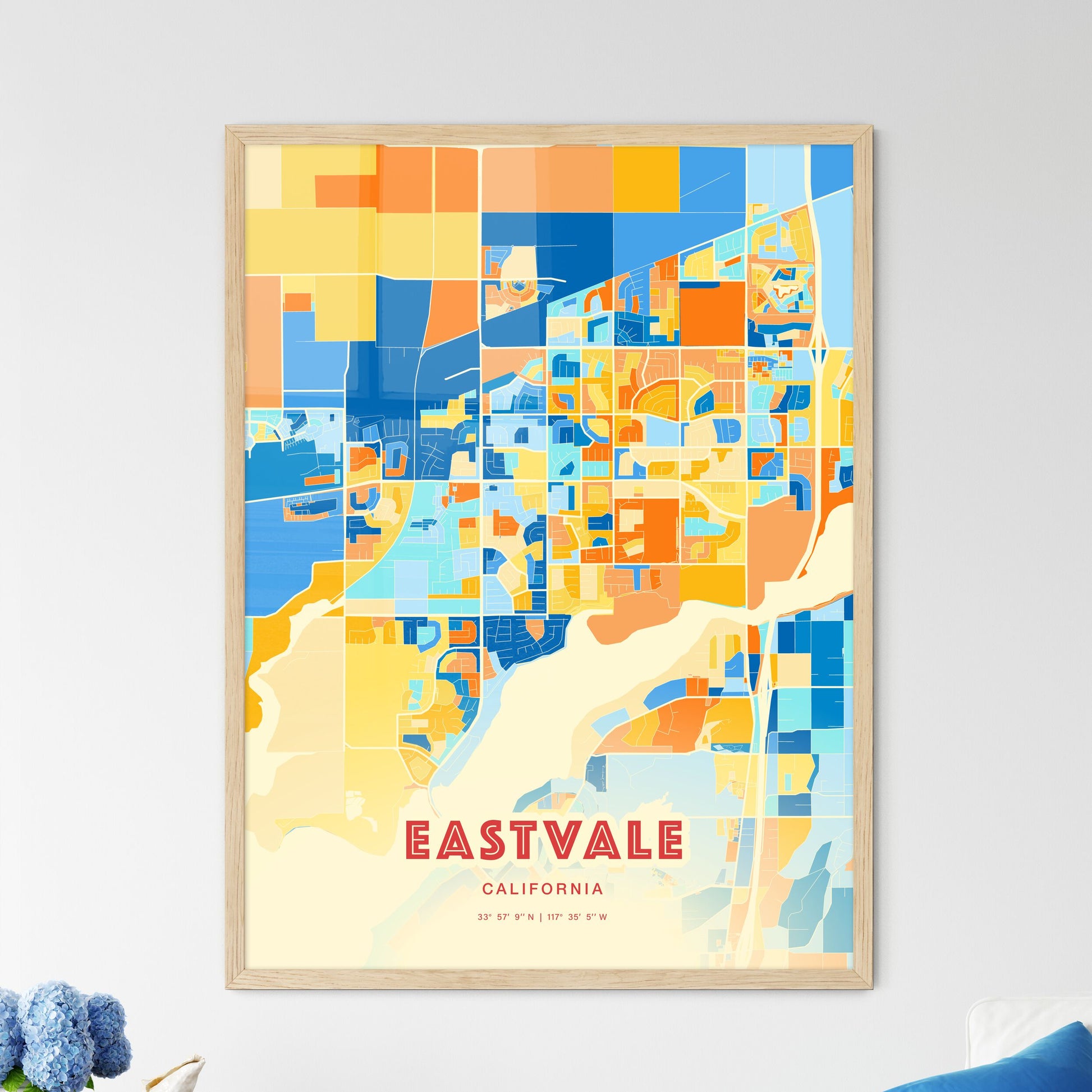 Colorful Eastvale California Fine Art Map Blue Orange