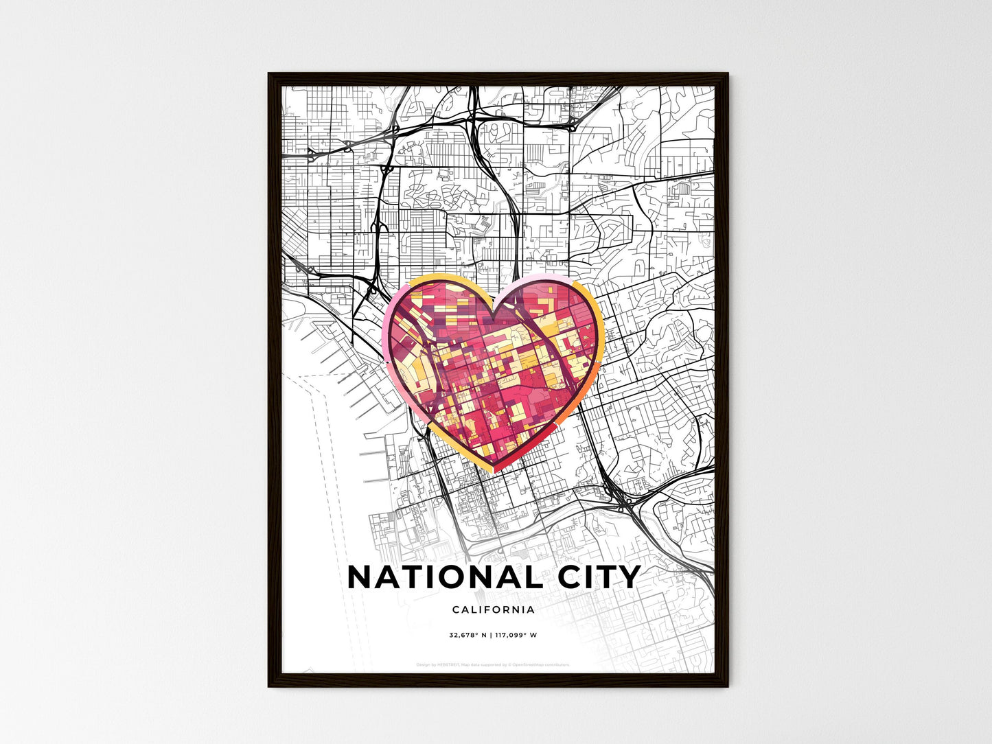 National City California wedding art map with heart icon