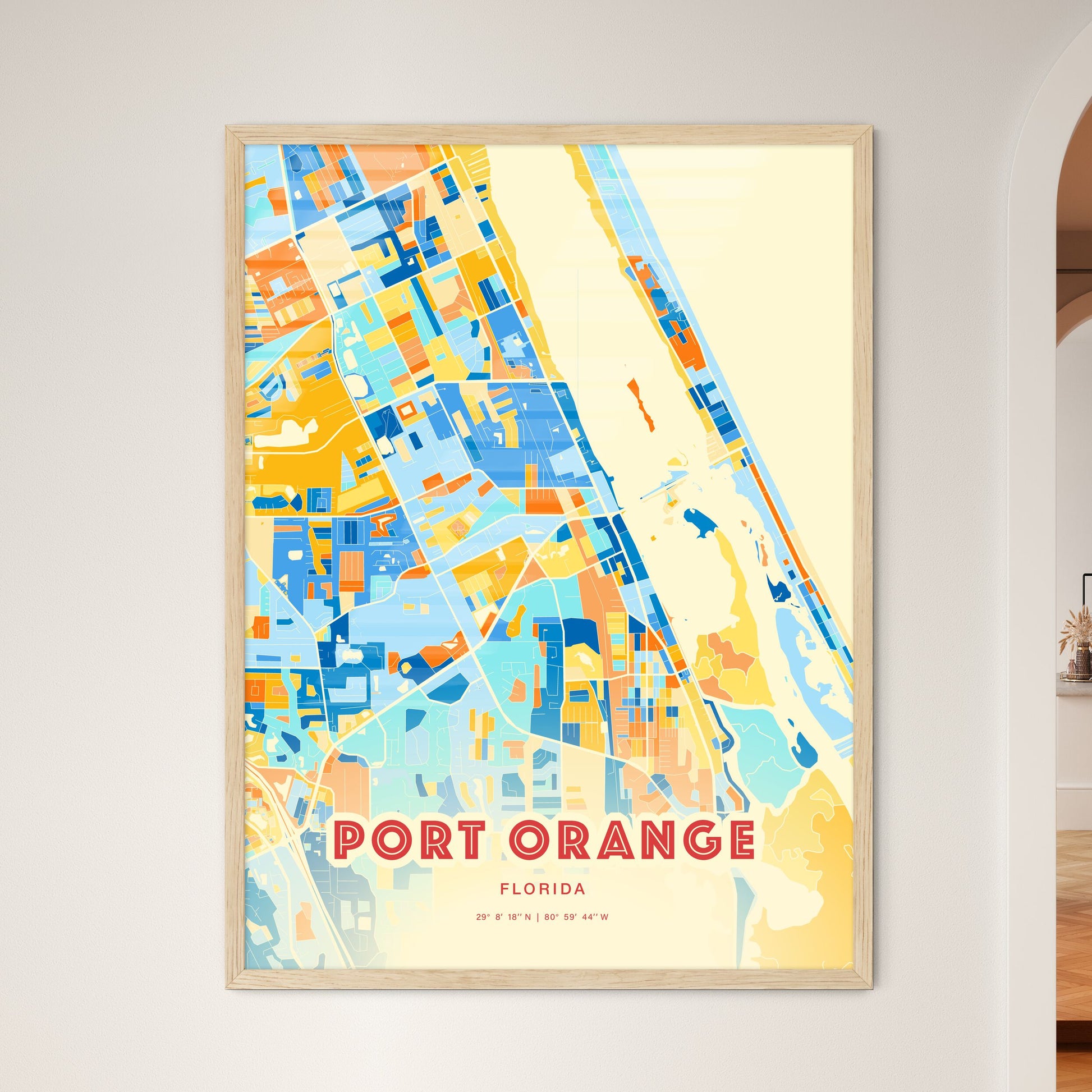 Colorful Port Orange Florida Fine Art Map Blue Orange