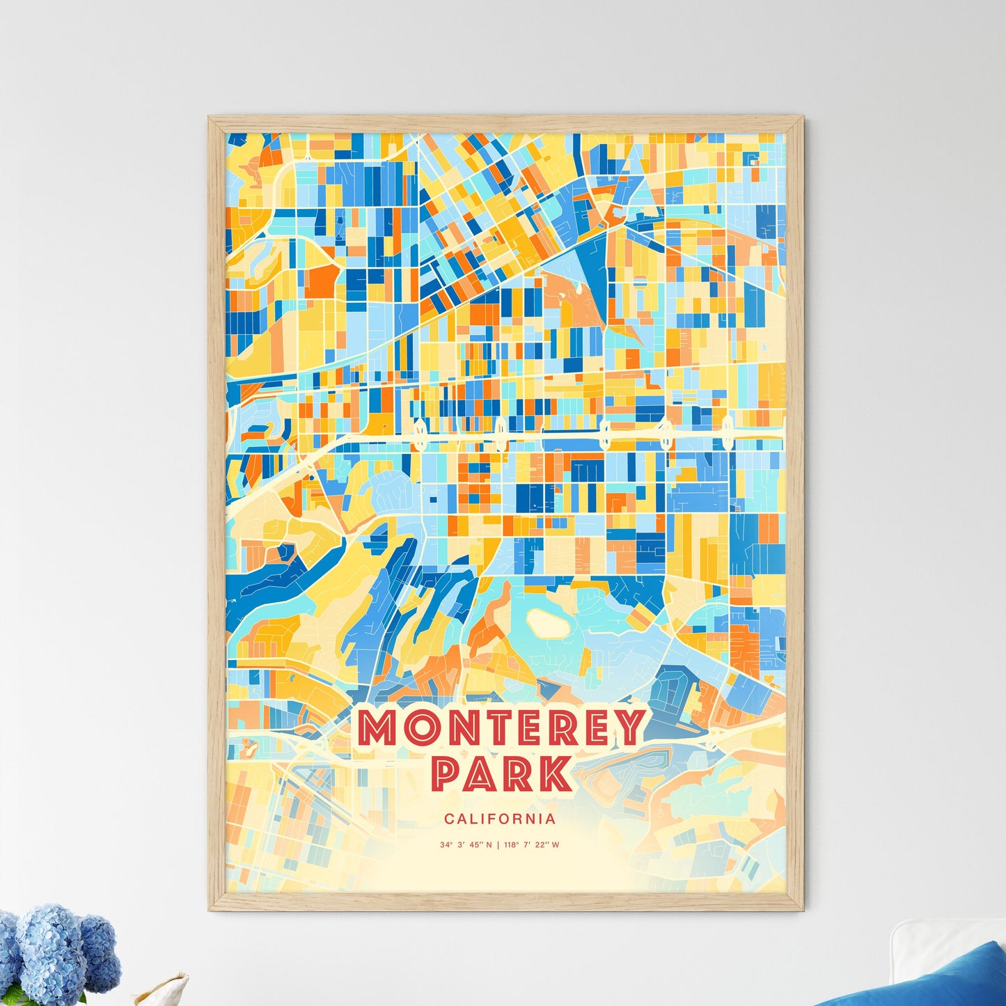 Colorful Monterey Park California Fine Art Map Blue Orange