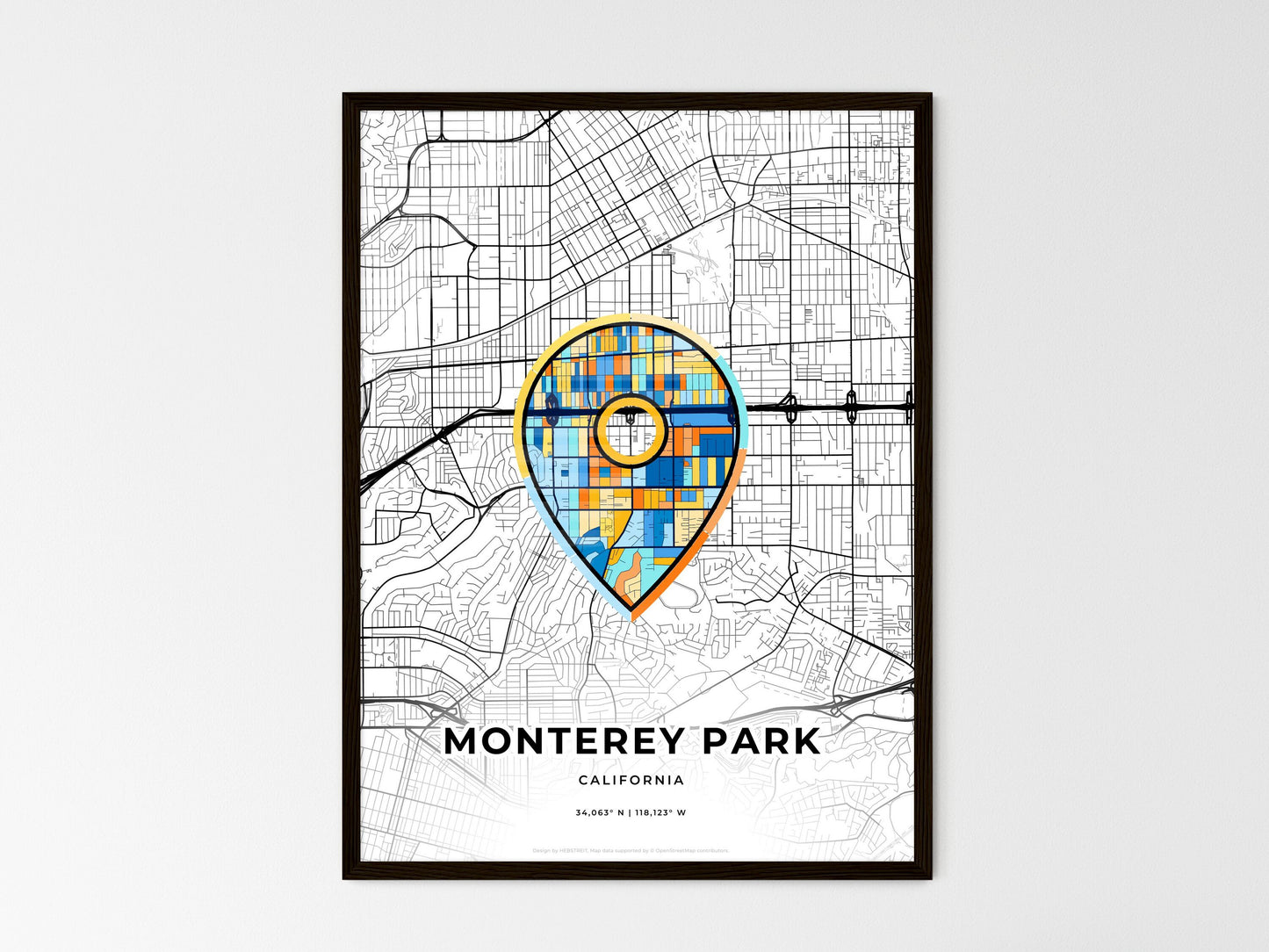 Monterey Park California wedding art map with pointer icon