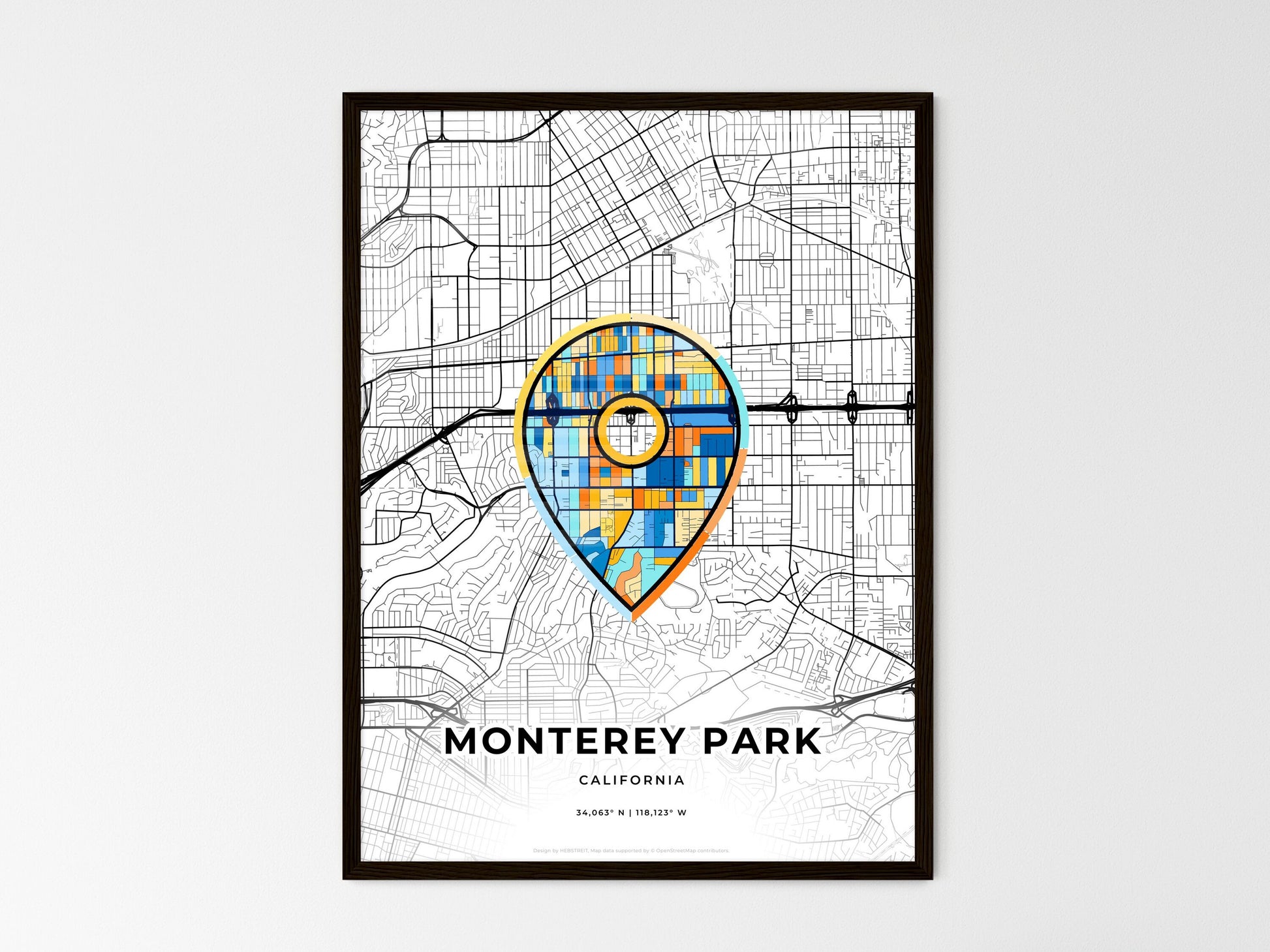 Monterey Park California wedding art map with pointer icon