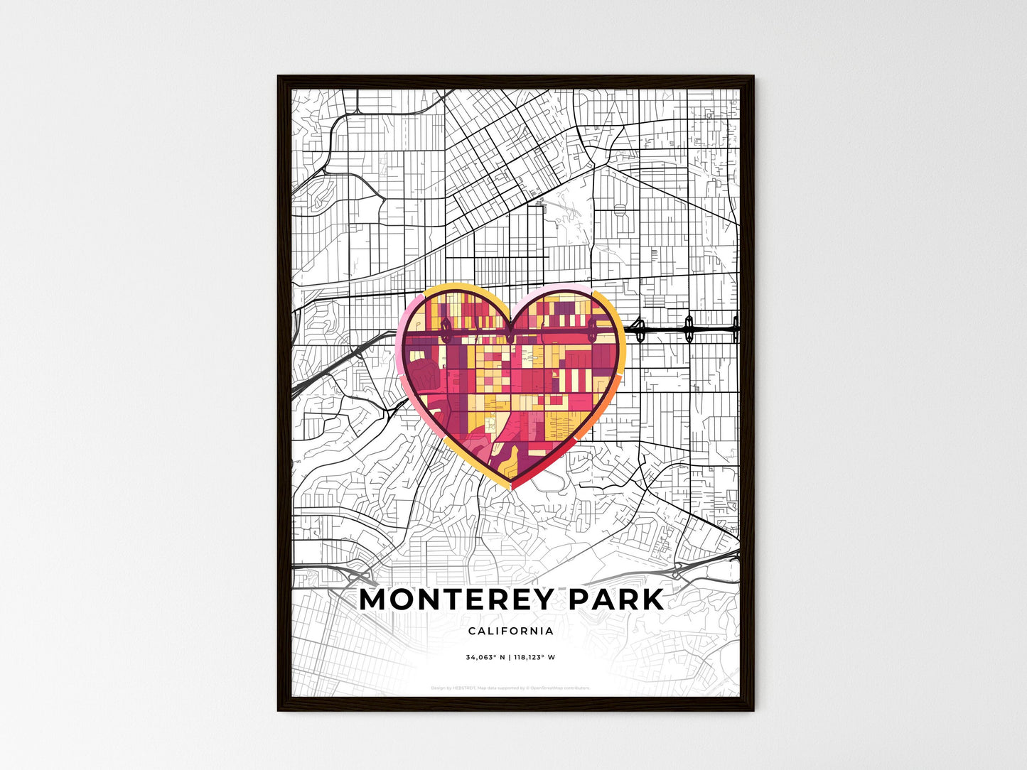 Monterey Park California wedding art map with heart icon