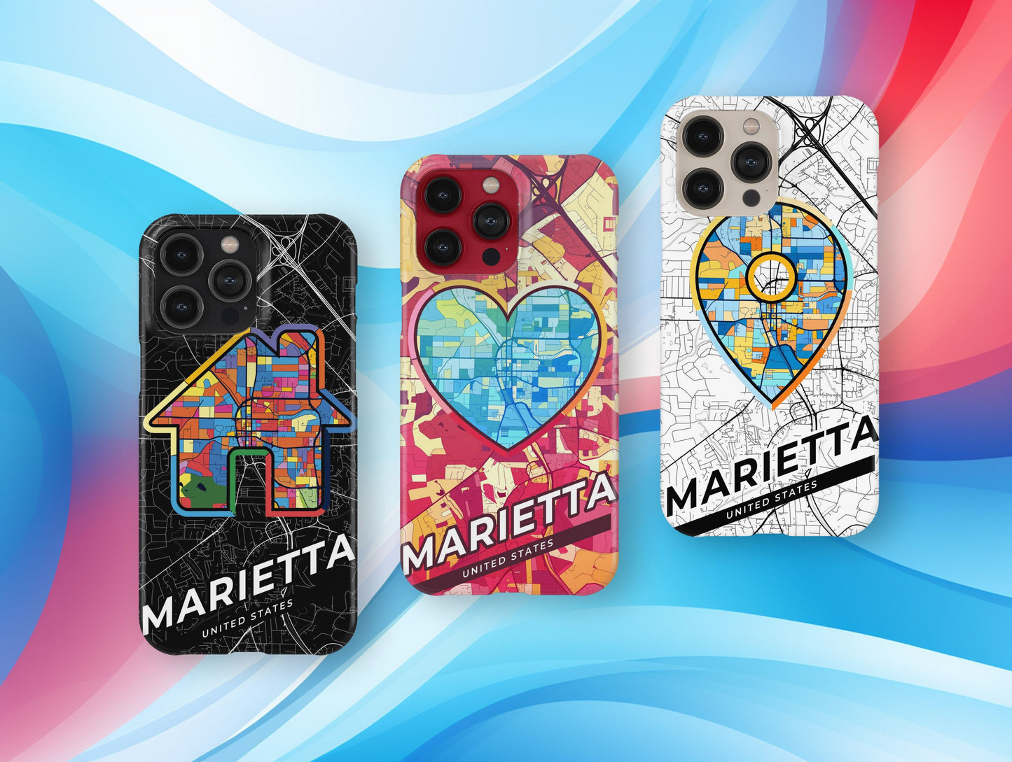 Marietta Georgia slim phone case with colorful icon. Birthday, wedding or housewarming gift. Couple match cases.