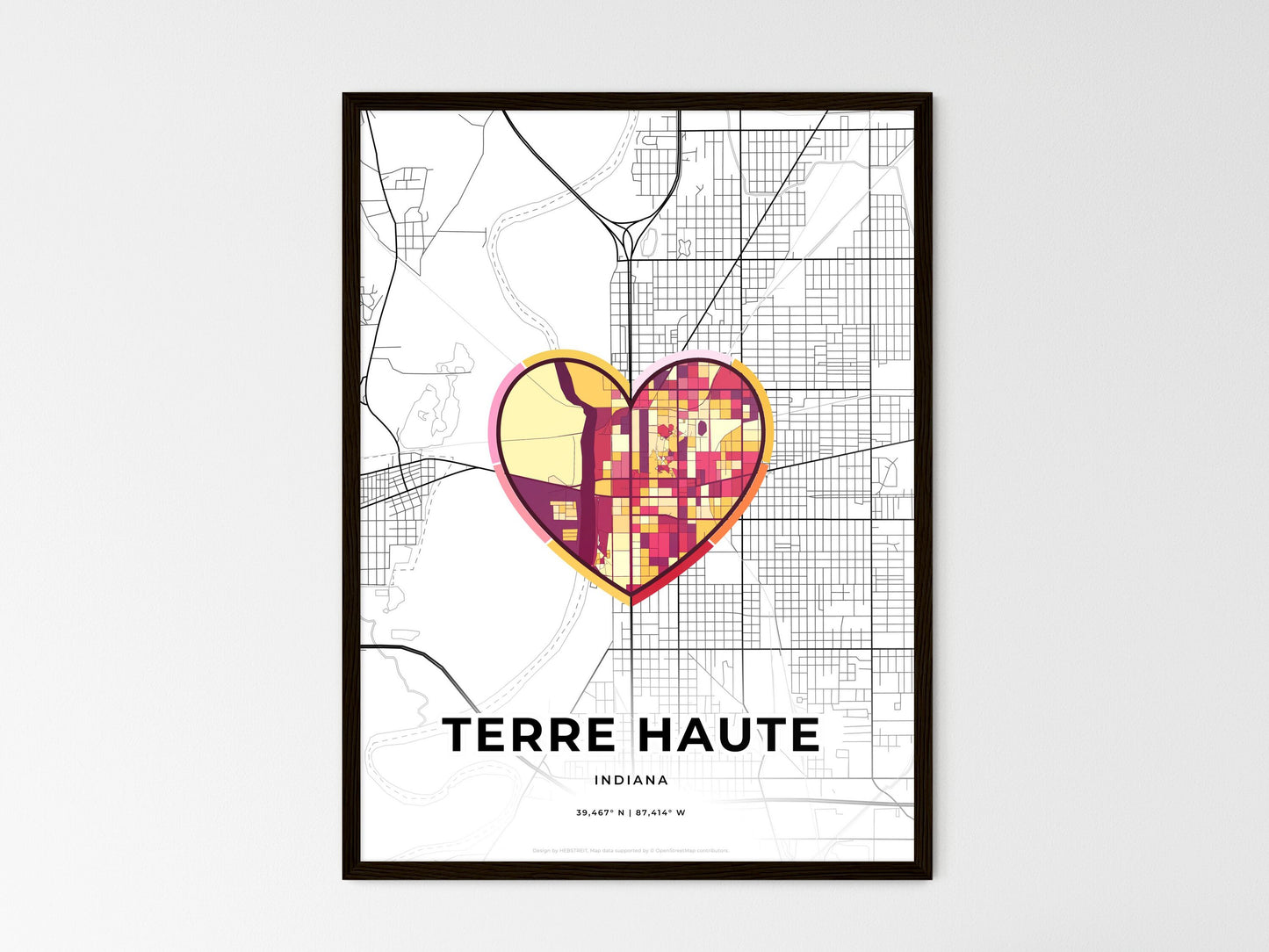 Terre Haute Indiana wedding art map with heart icon