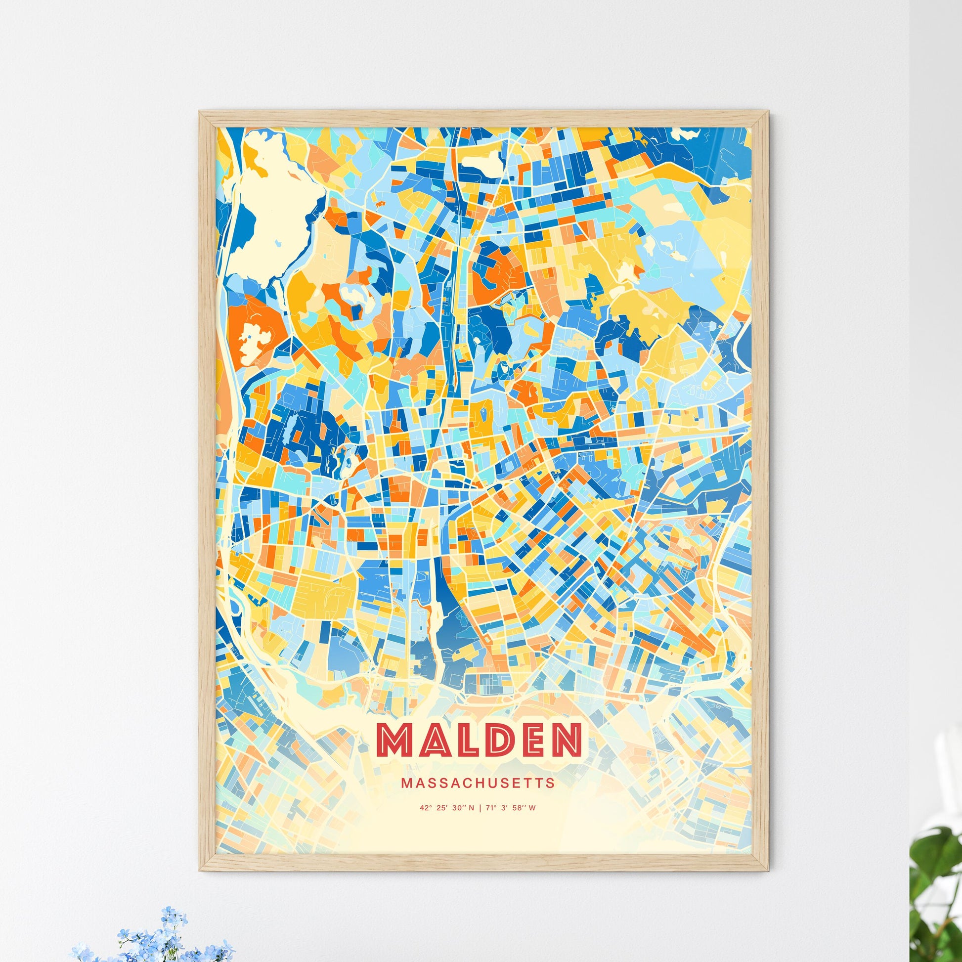 Colorful Malden Massachusetts Fine Art Map Blue Orange