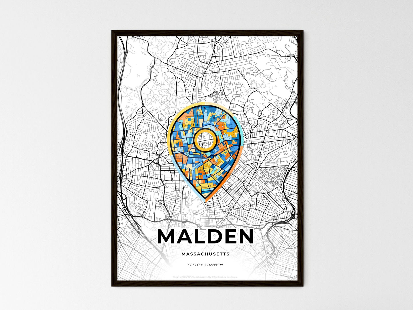 Malden Massachusetts wedding art map with pointer icon