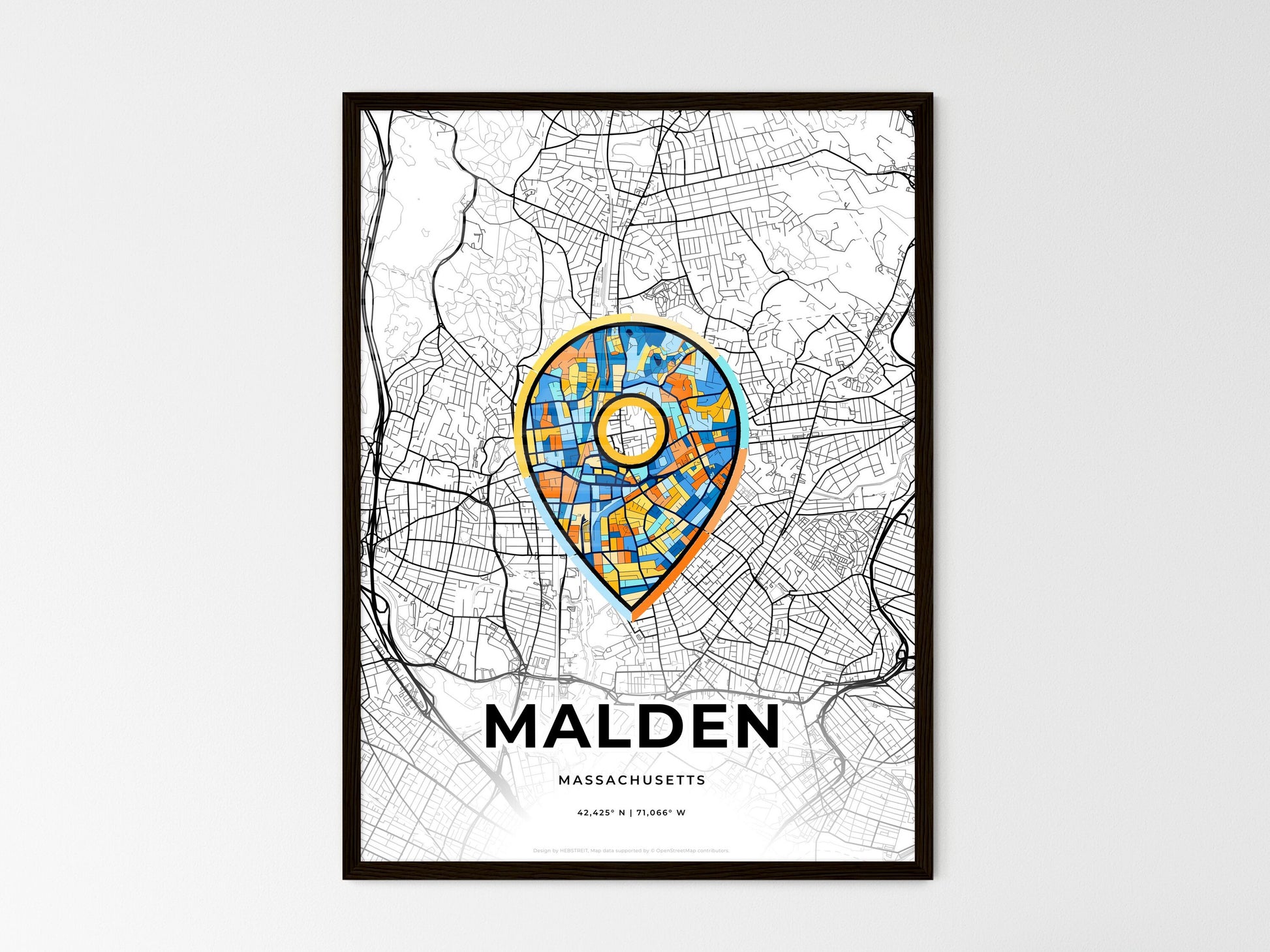 Malden Massachusetts wedding art map with pointer icon