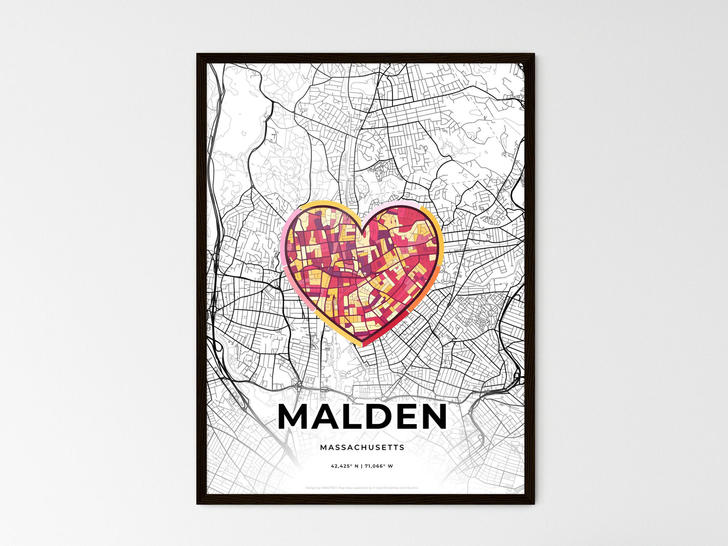Malden Massachusetts wedding art map with heart icon