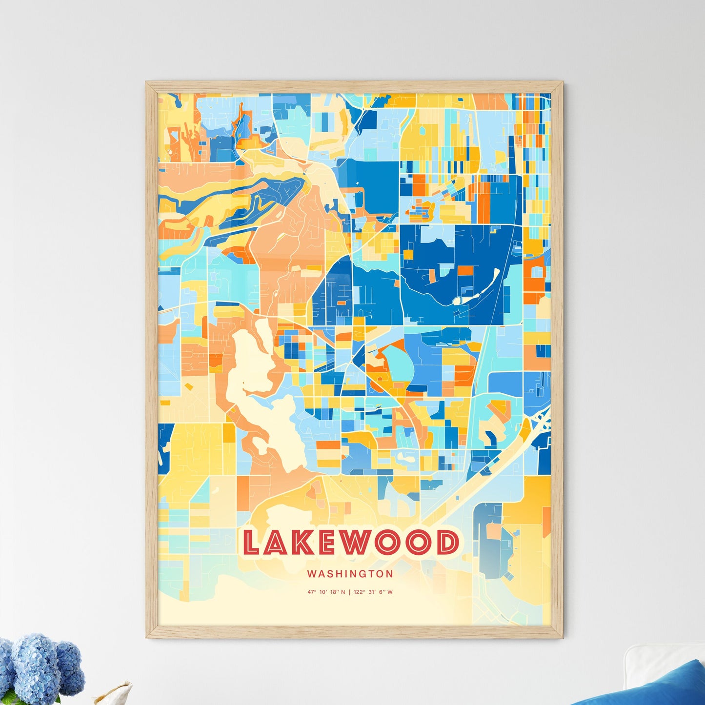 Colorful Lakewood Washington Fine Art Map Blue Orange
