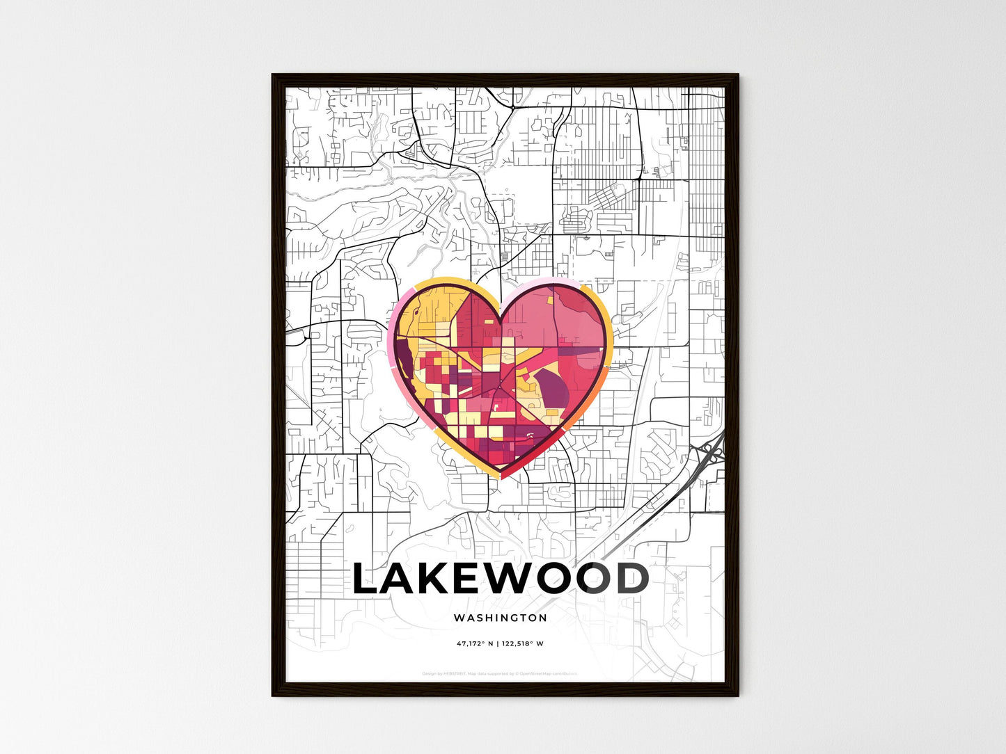 Lakewood Washington wedding art map with heart icon