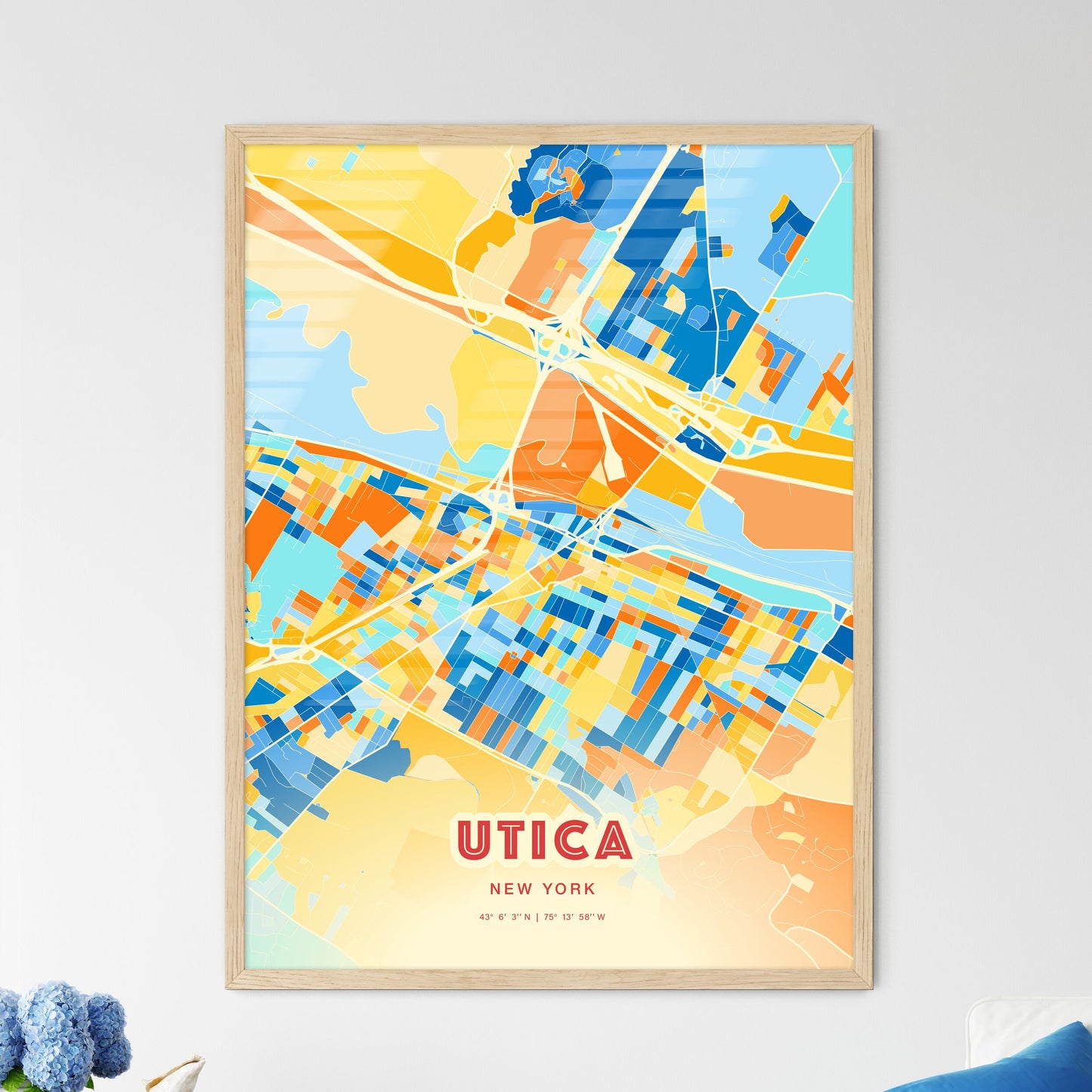 Colorful UTICA NEW YORK Fine Art Map Blue Orange