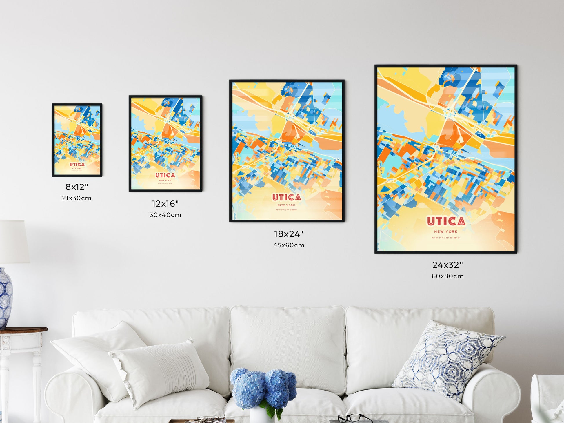 Colorful UTICA NEW YORK Fine Art Map Blue Orange