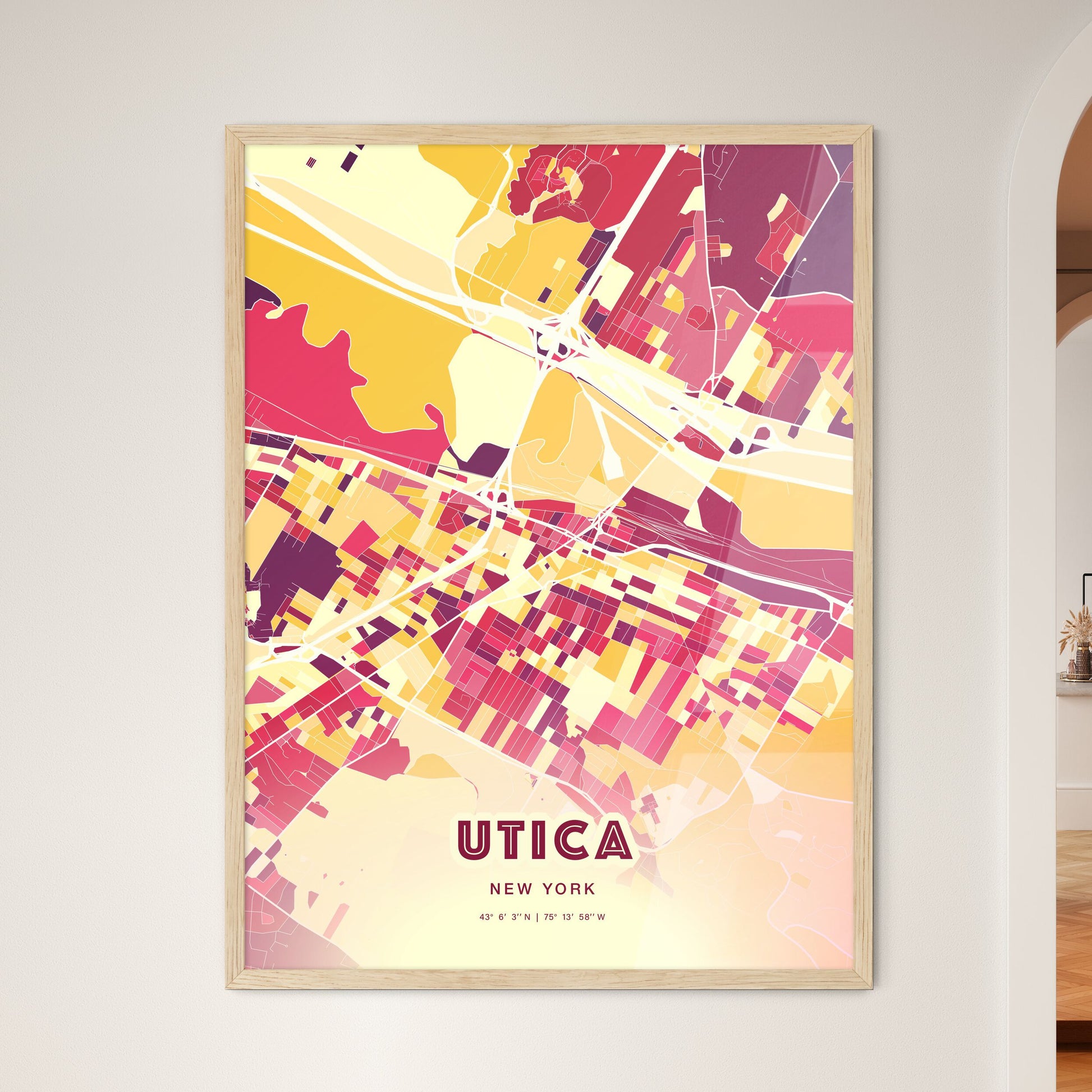 Colorful UTICA NEW YORK Fine Art Map Hot Red