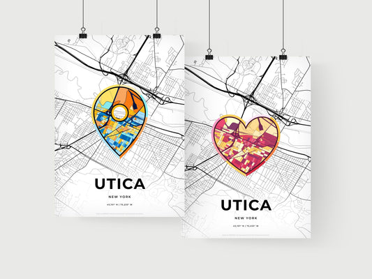 UTICA NEW YORK minimal art map with a colorful icon. Where it all began, Couple map gift.