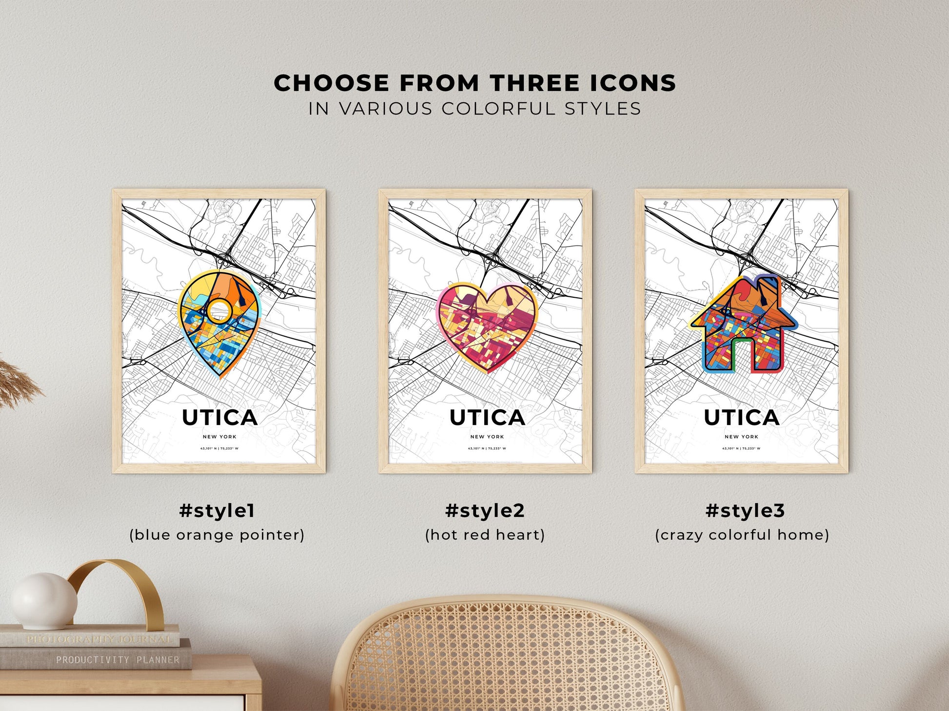 Utica New York maps with colorful icons