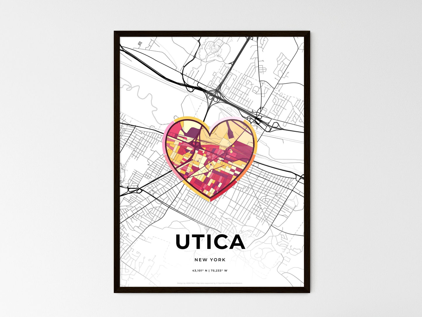 Utica New York wedding art map with heart icon