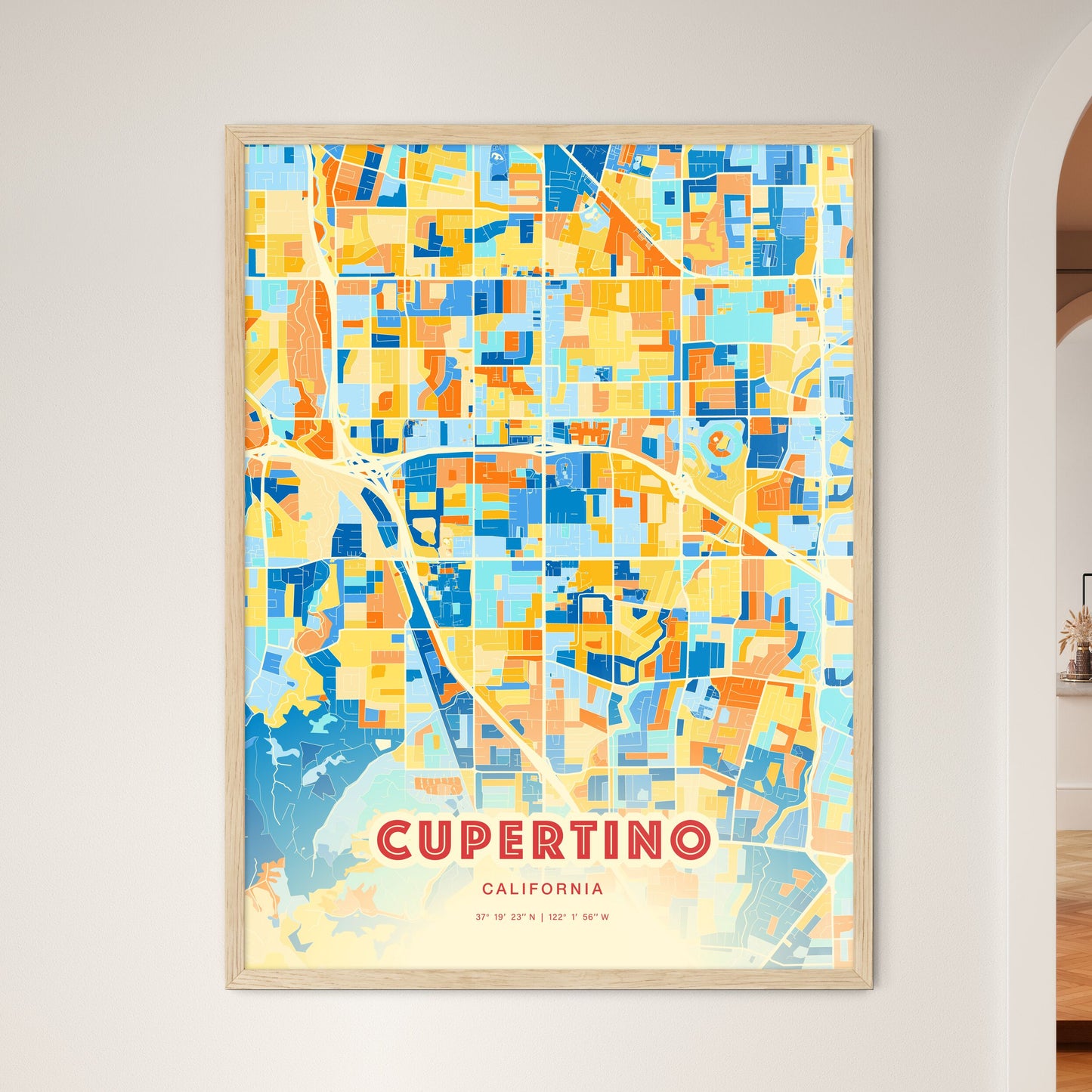 Colorful Cupertino California Fine Art Map Blue Orange