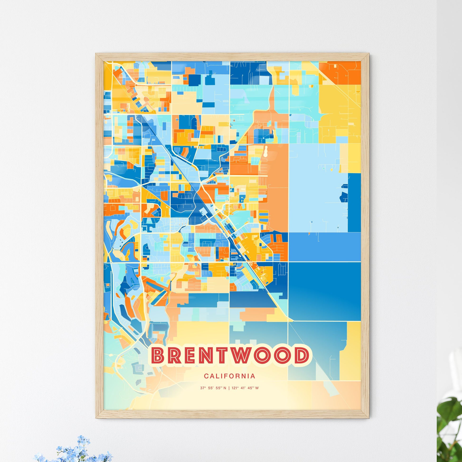 Colorful Brentwood California Fine Art Map Blue Orange