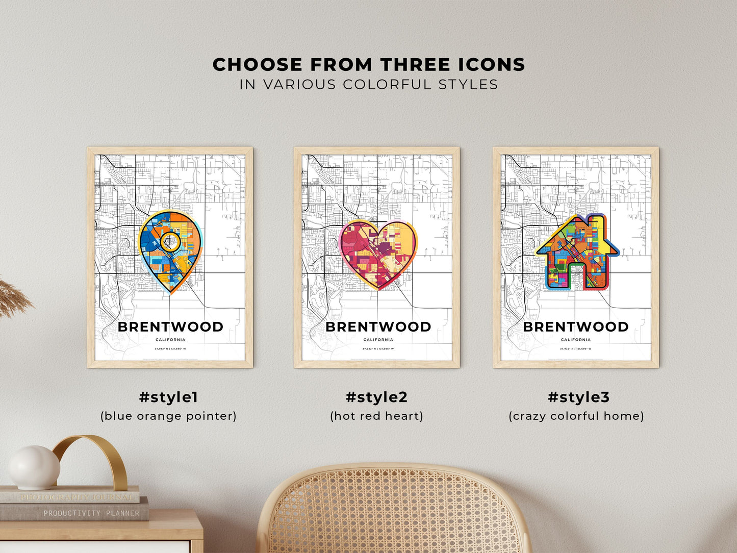 Brentwood California maps with colorful icons