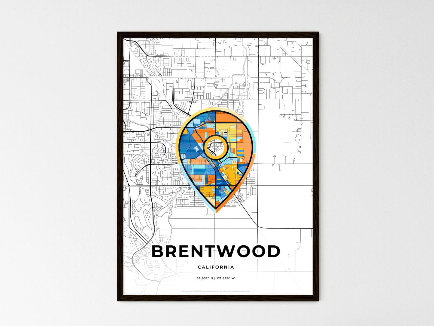 Brentwood California wedding art map with pointer icon