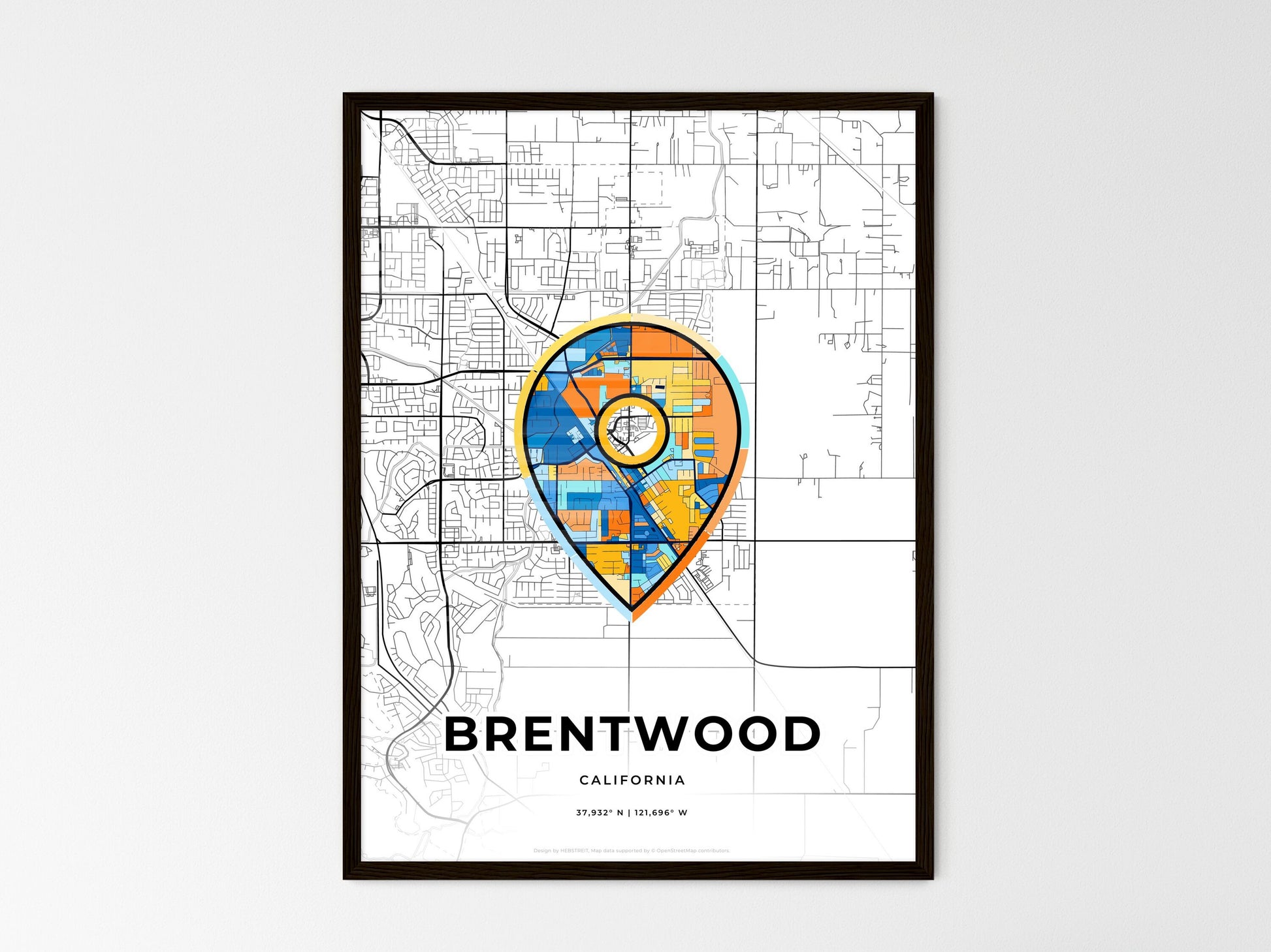 Brentwood California wedding art map with pointer icon