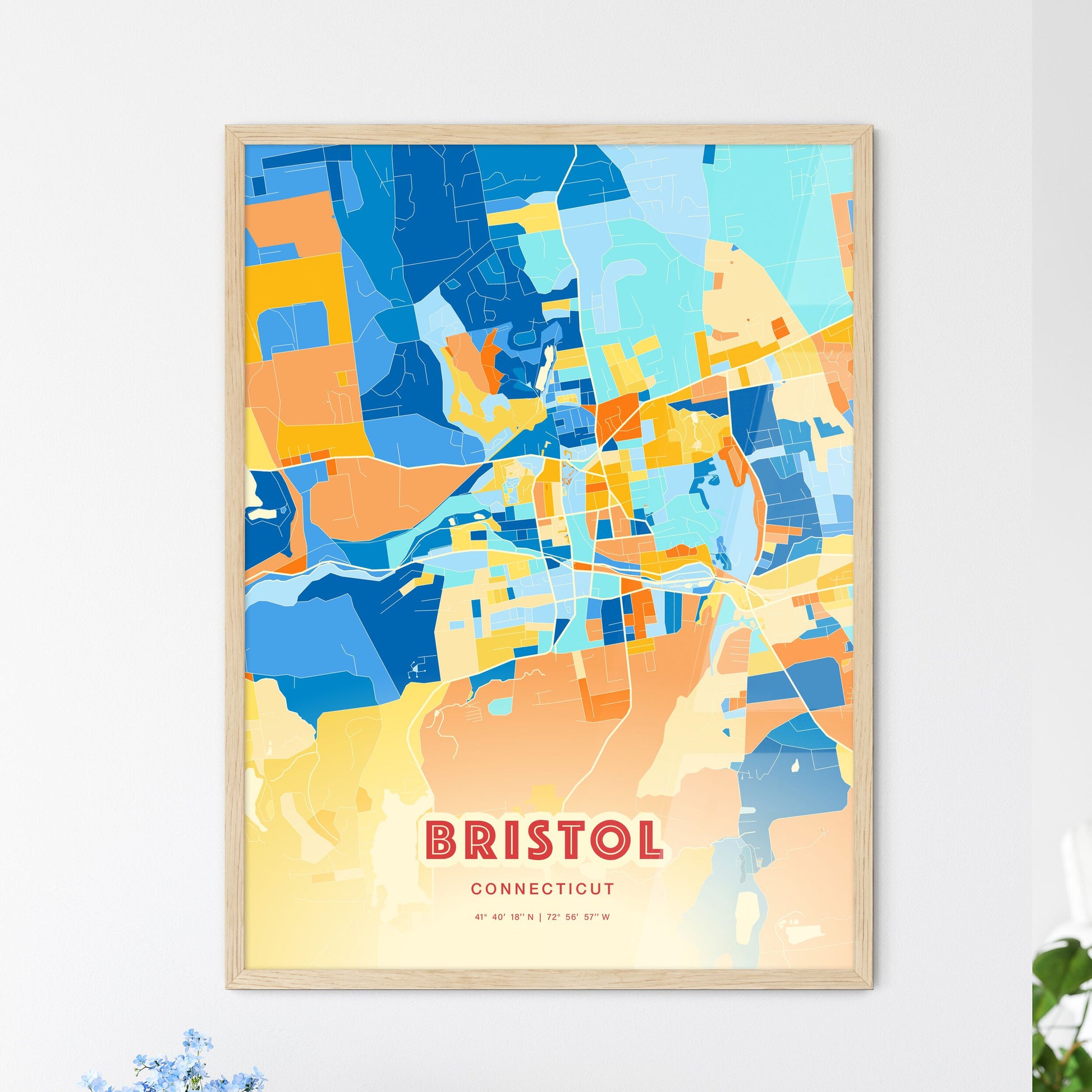 Colorful Bristol Connecticut Fine Art Map Blue Orange
