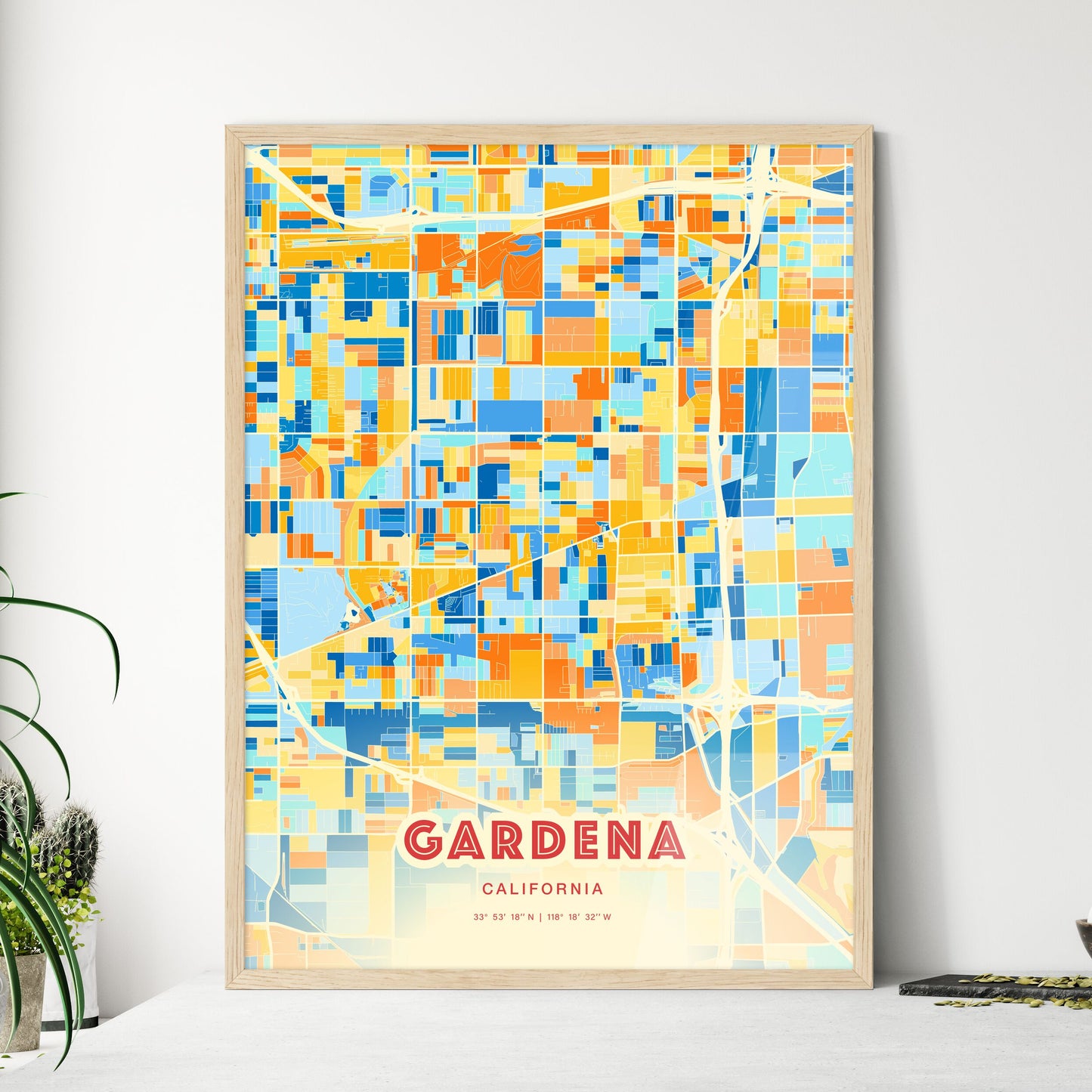 Colorful Gardena California Fine Art Map Blue Orange