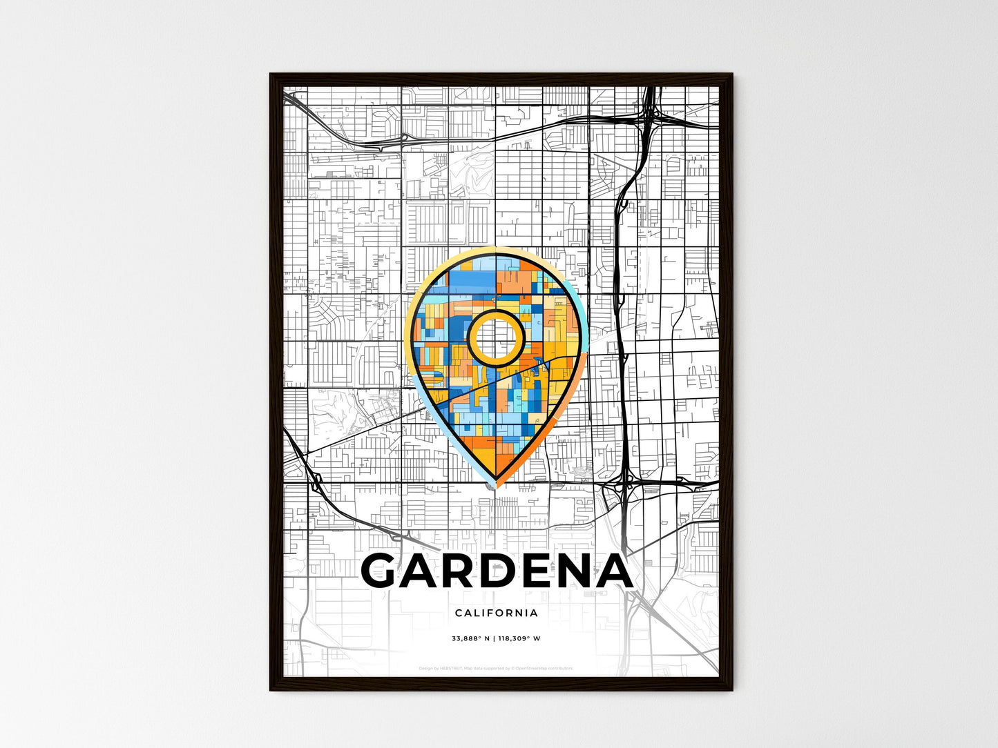 Gardena California wedding art map with pointer icon