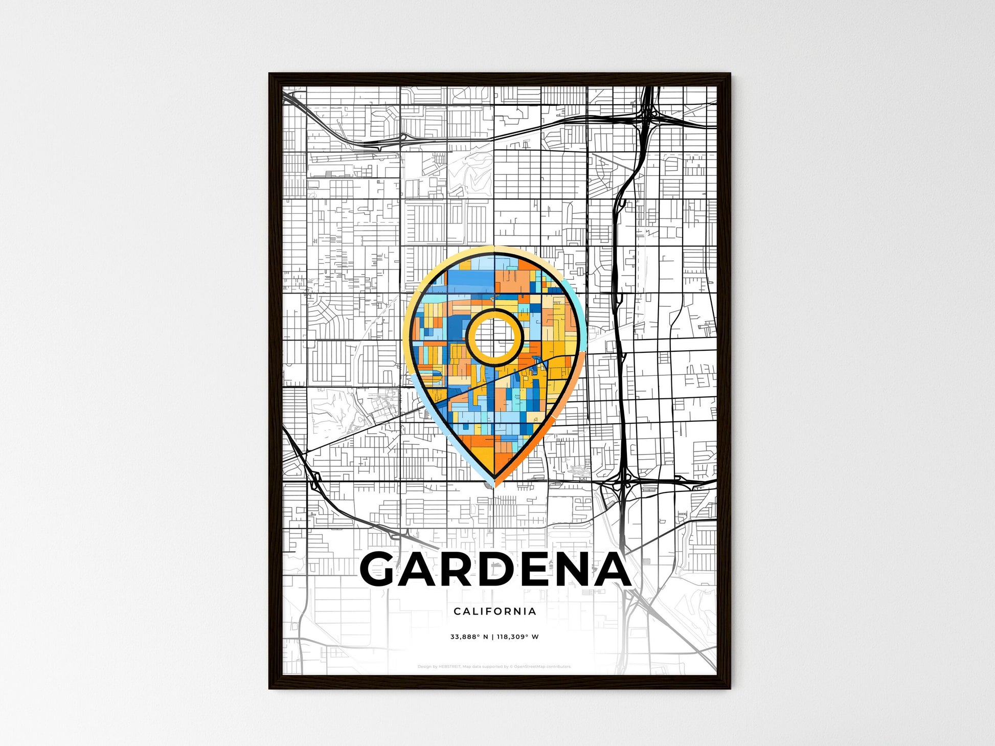 Gardena California wedding art map with pointer icon