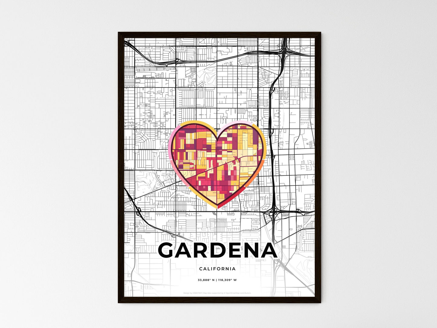 Gardena California wedding art map with heart icon
