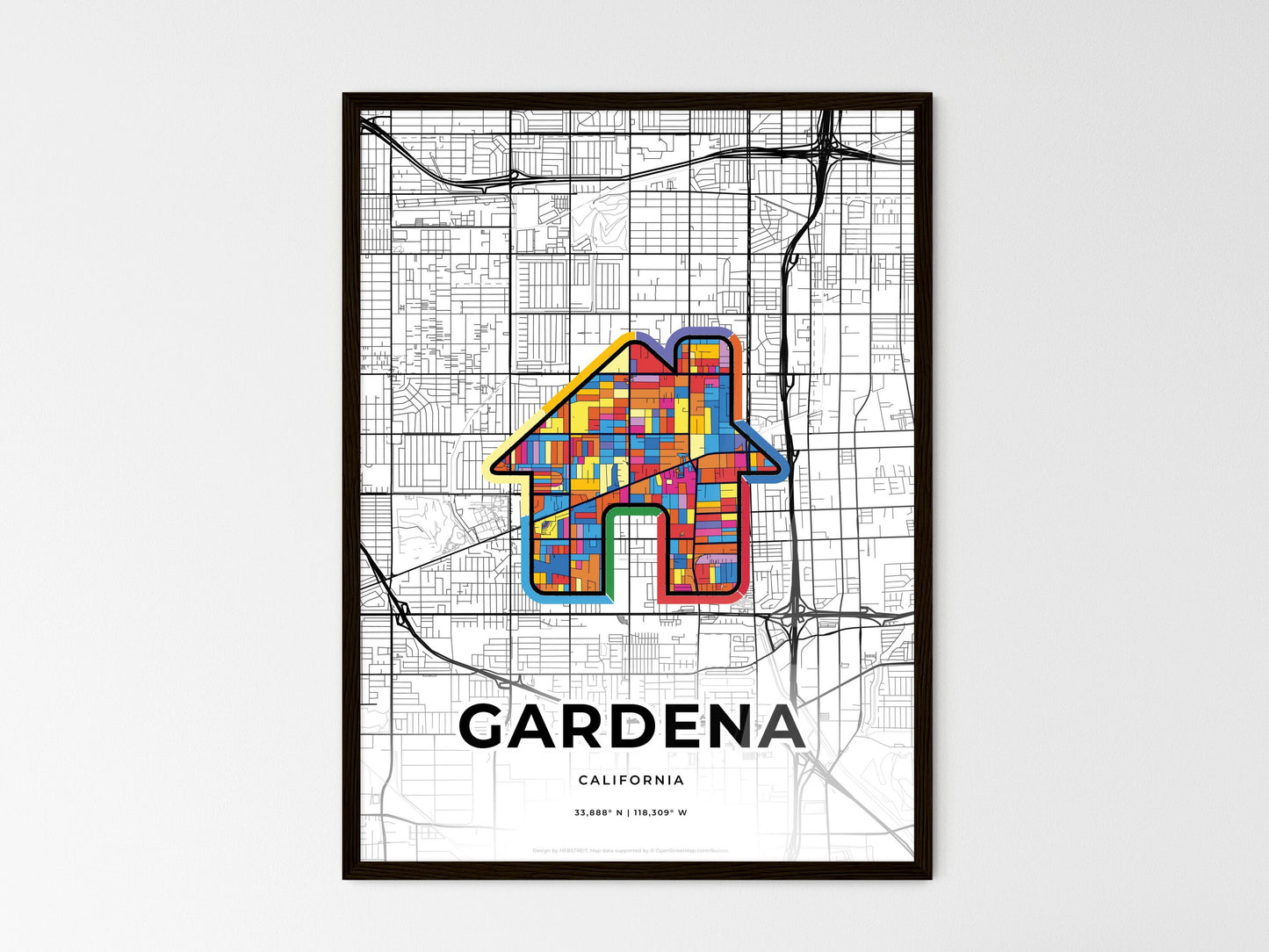Gardena California wedding art map with home icon