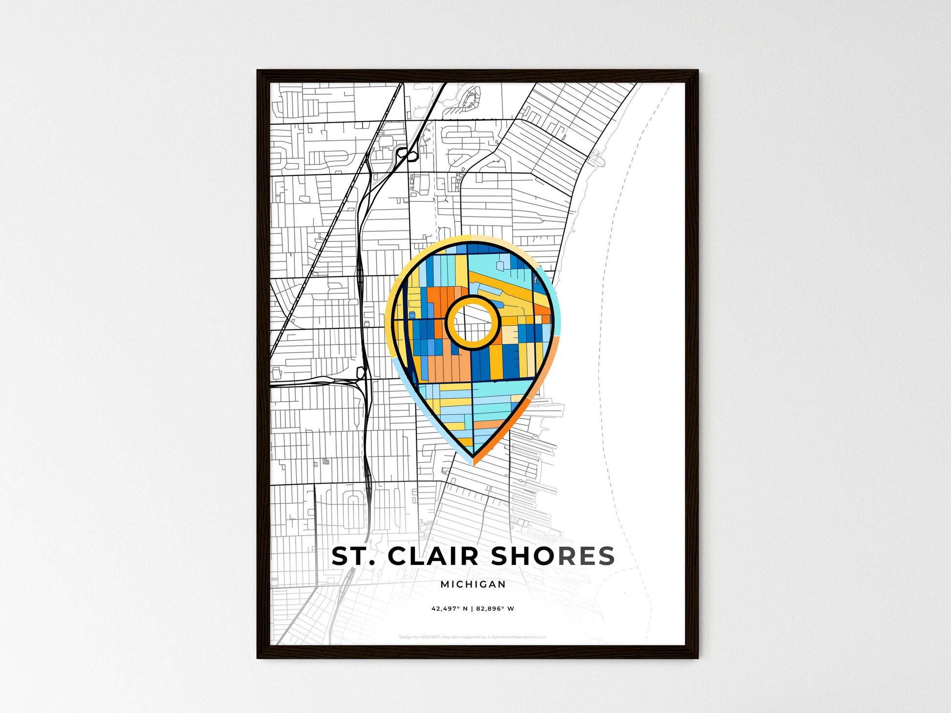 St. Clair Shores Michigan wedding art map with pointer icon