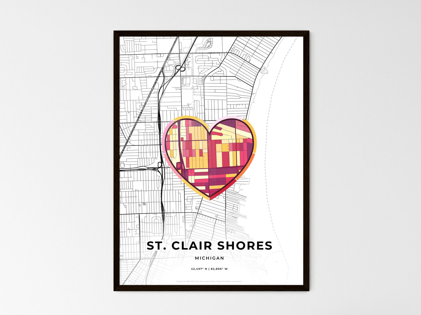 St. Clair Shores Michigan wedding art map with heart icon