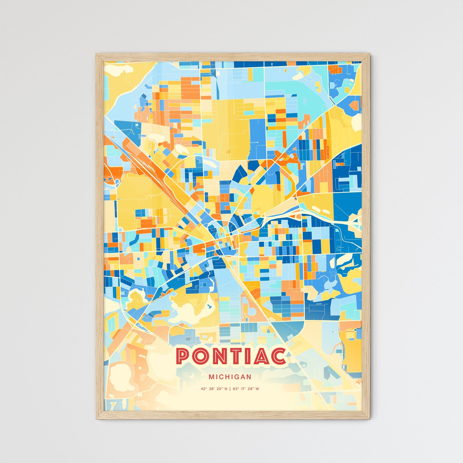 Colorful Pontiac Michigan Fine Art Map Blue Orange