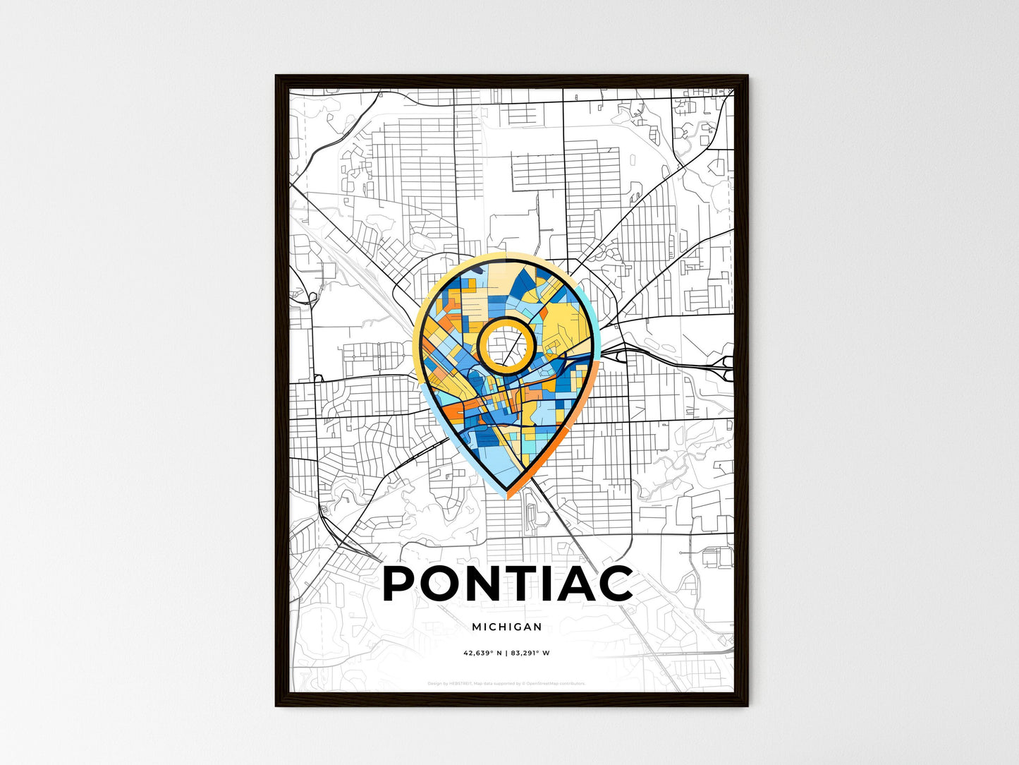 Pontiac Michigan wedding art map with pointer icon