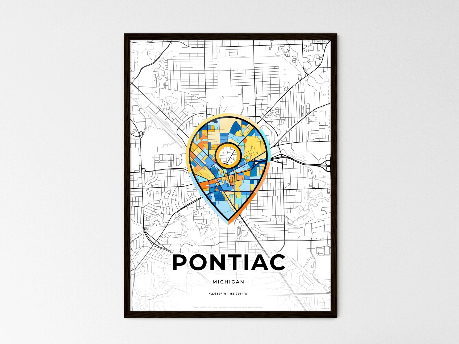 Pontiac Michigan wedding art map with pointer icon