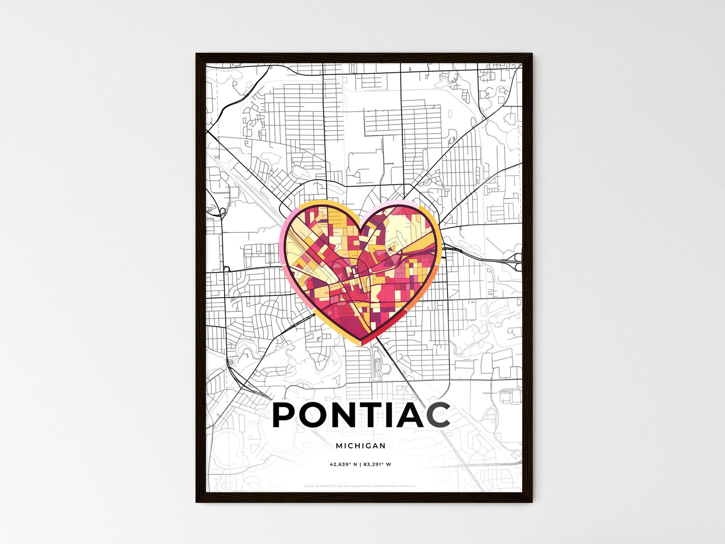 Pontiac Michigan wedding art map with heart icon