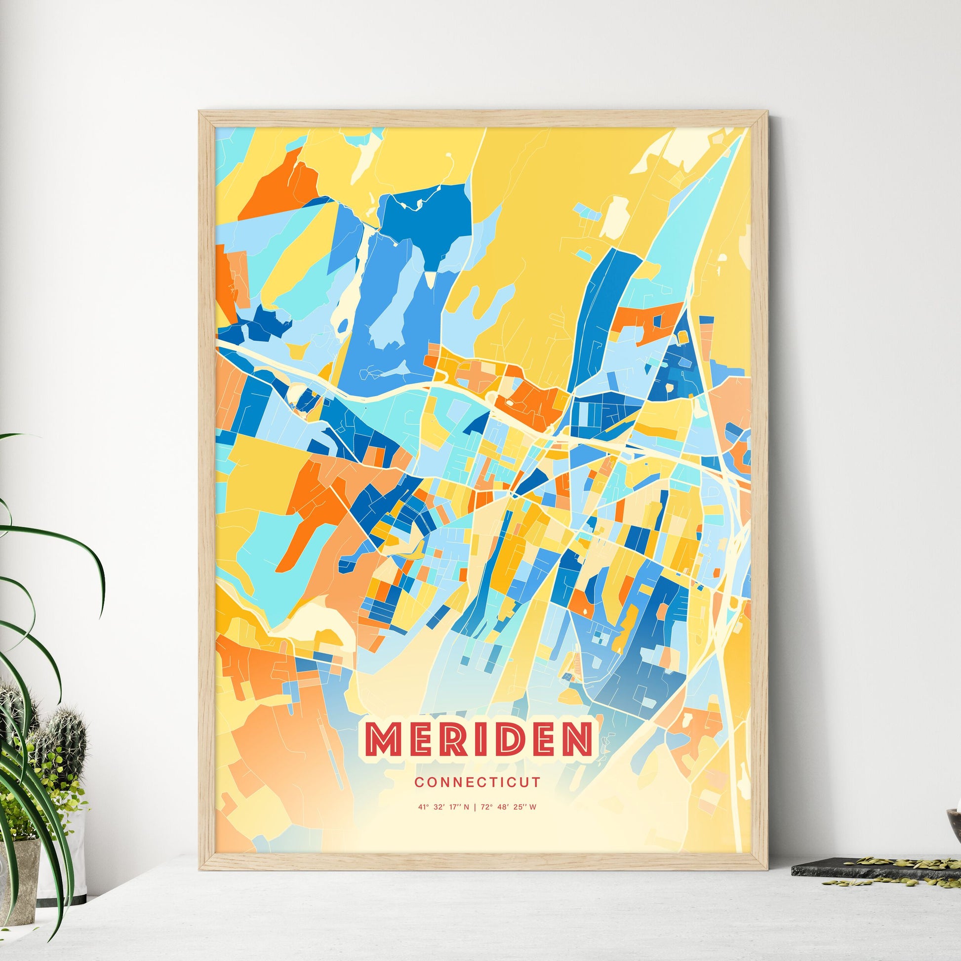 Colorful MERIDEN CONNECTICUT Fine Art Map Blue Orange