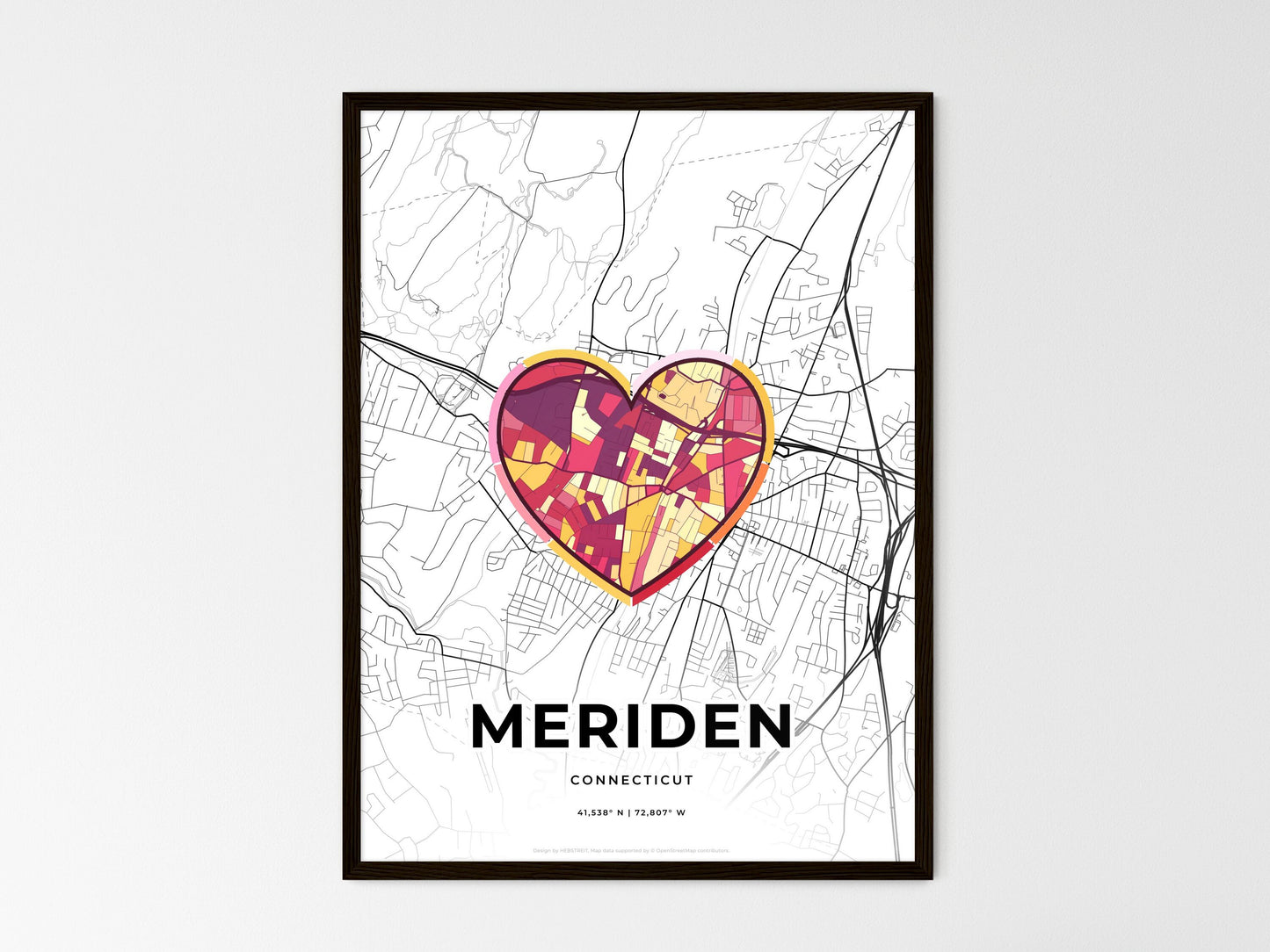 Meriden Connecticut wedding art map with heart icon
